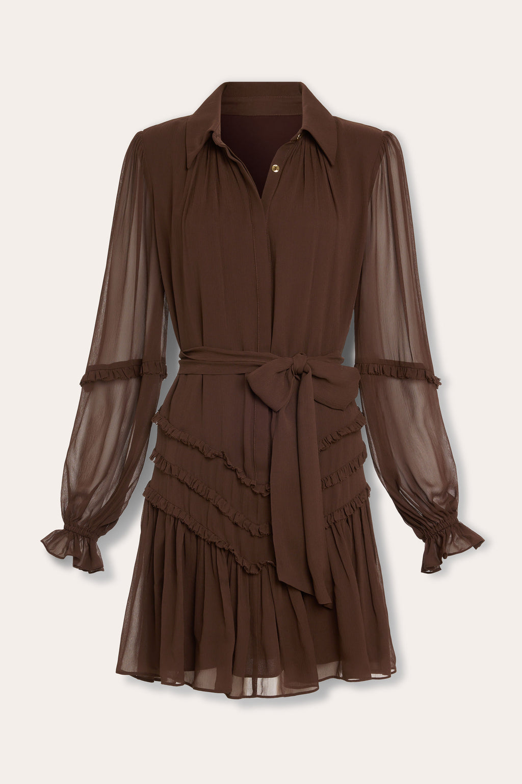 Maya Silk Ruffled Long Sleeve Dress in heritage brown