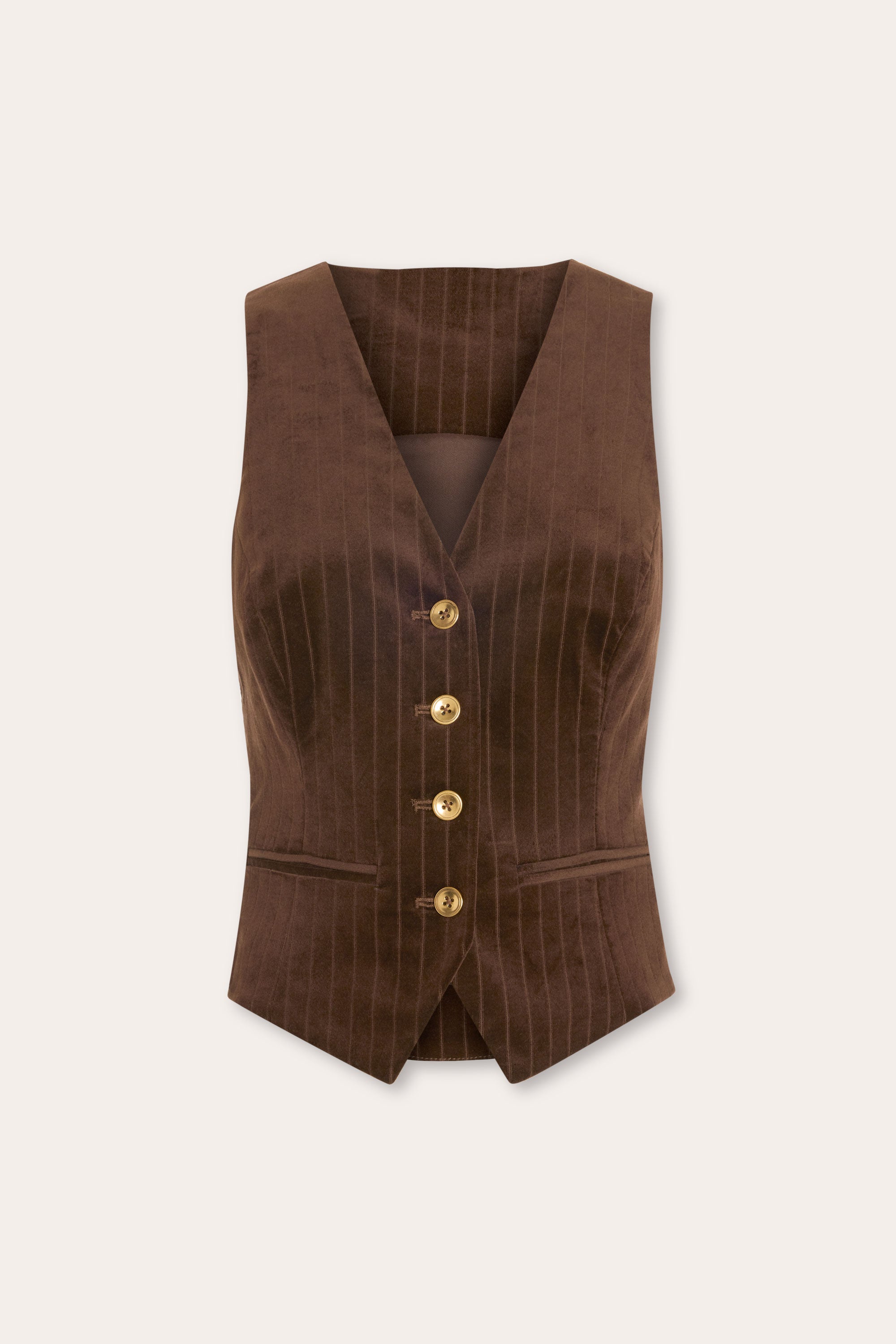 roughlow row line gilet ジレ　ジャケット　シャツ　ベスト Noelle Pinstripe Velvet Vest in heritage brown | Ramy Brook