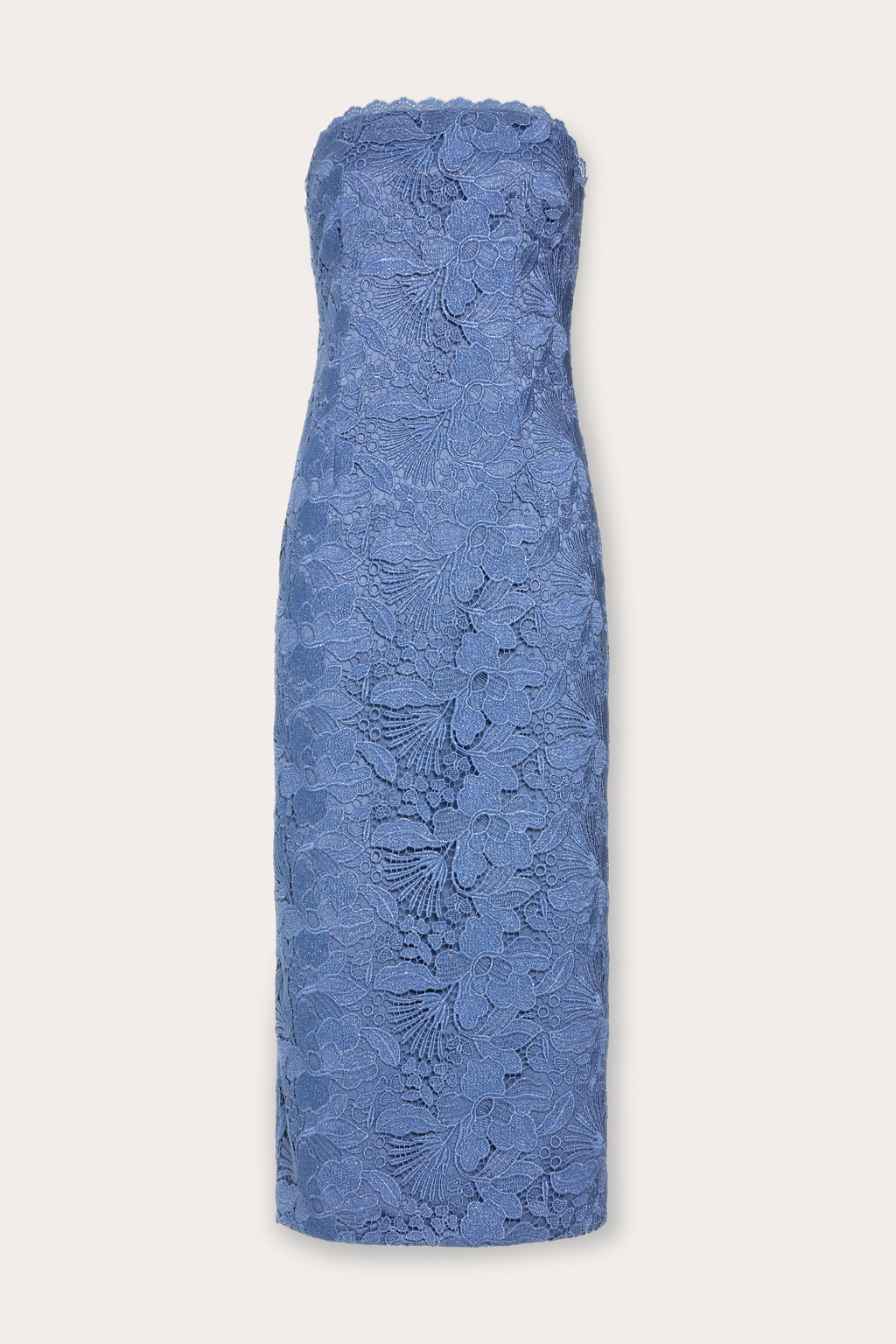 Tessa Lace Strapless Midi Dress in blue lace