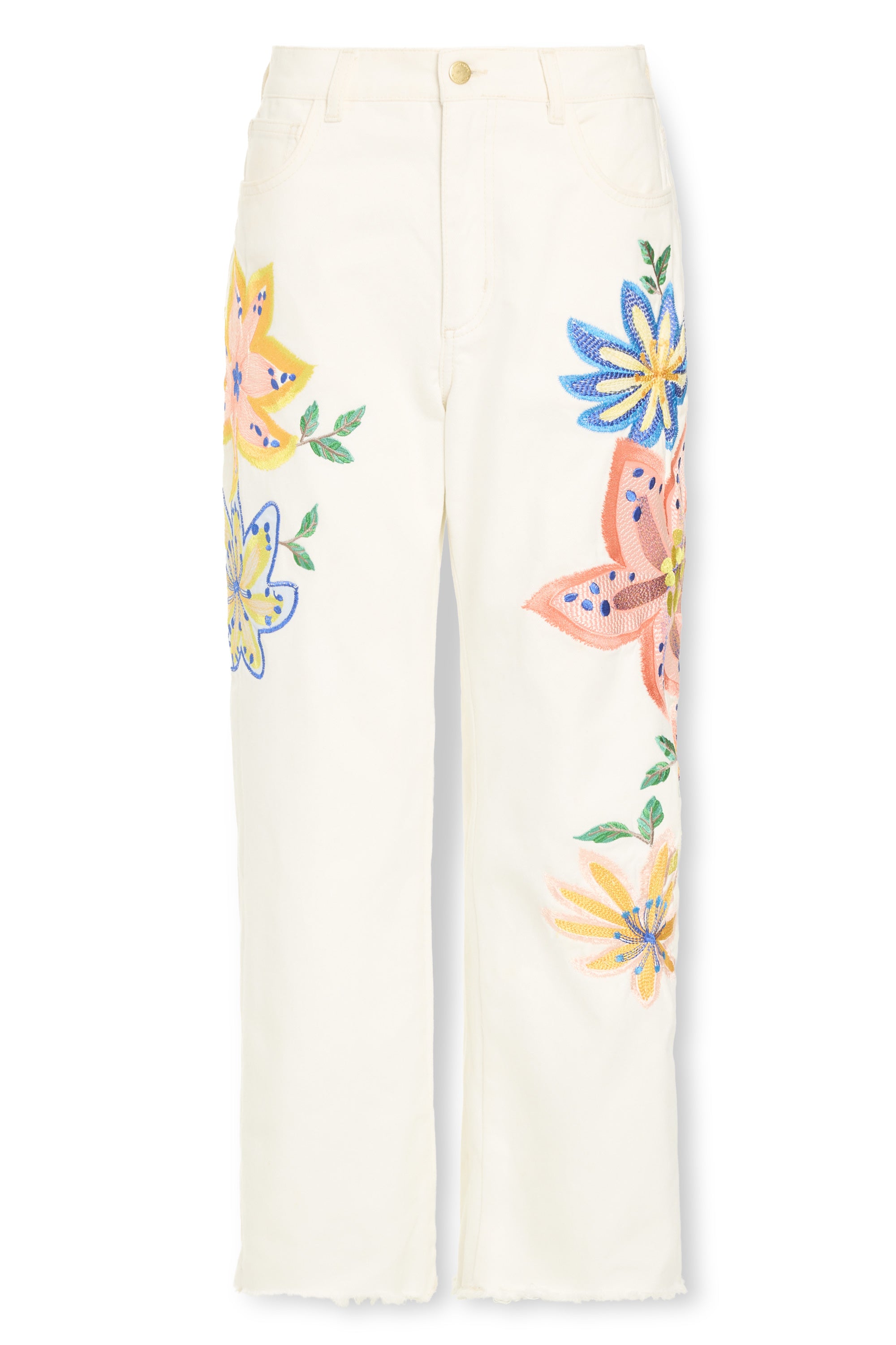 mi　フロムアンス梅 Amber Floral Embroidered Straight Leg Jean in white embroidered
