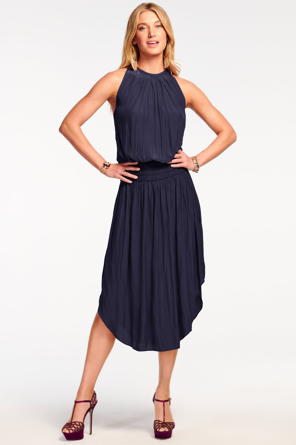 ramy brook audrey smocked midi dress Ramy Brook Audrey Smocked Midi Dress in Navy
