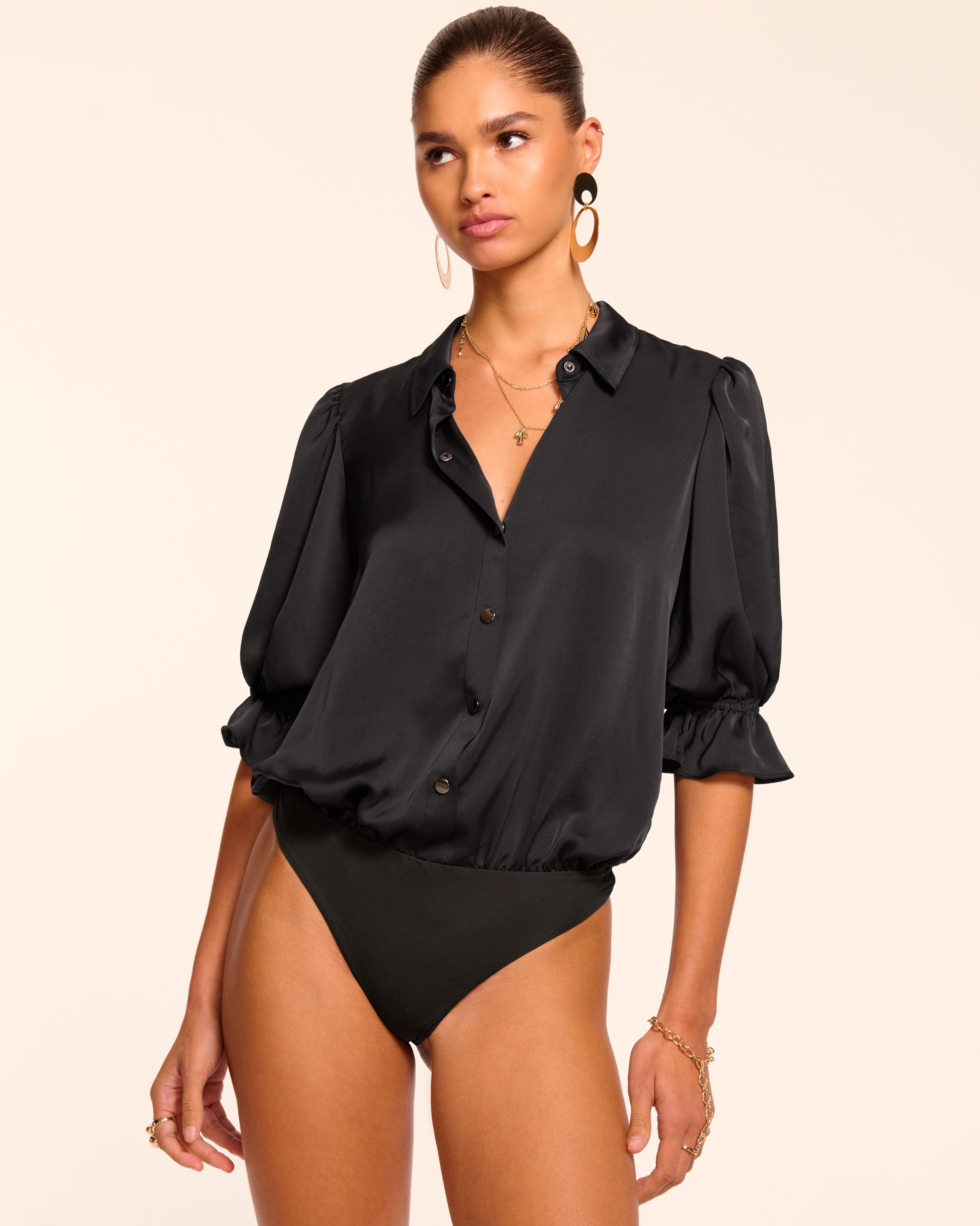 Dina Button Down Bodysuit in black | Ramy Brook
