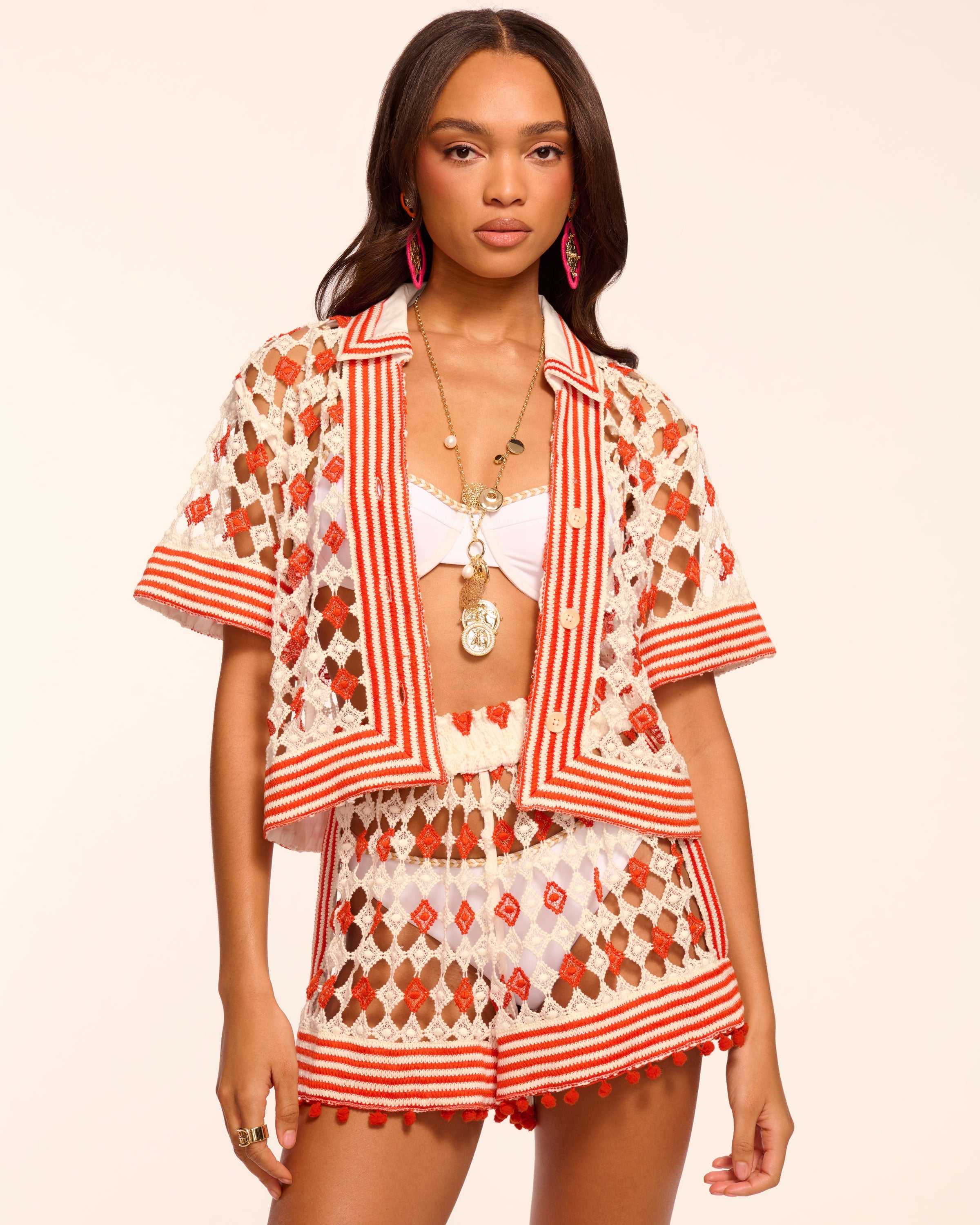 Betty Crochet Button Down Coverup Top in flame crochet | Ramy Brook