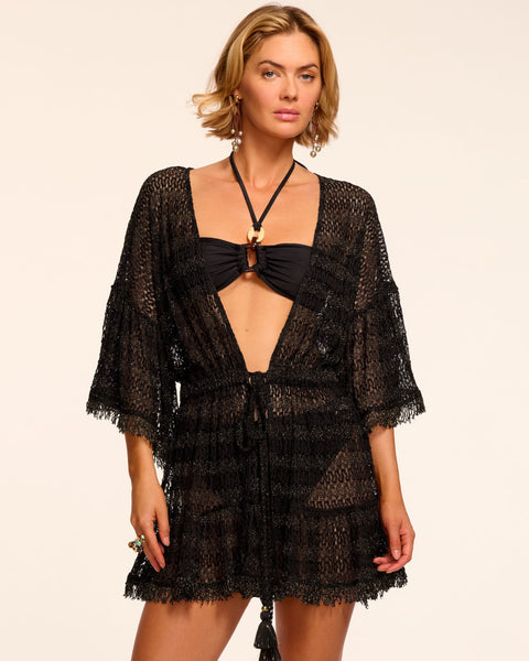 Jewel Lurex Swirl Coverup Mini Dress in black zigzag | Ramy Brook