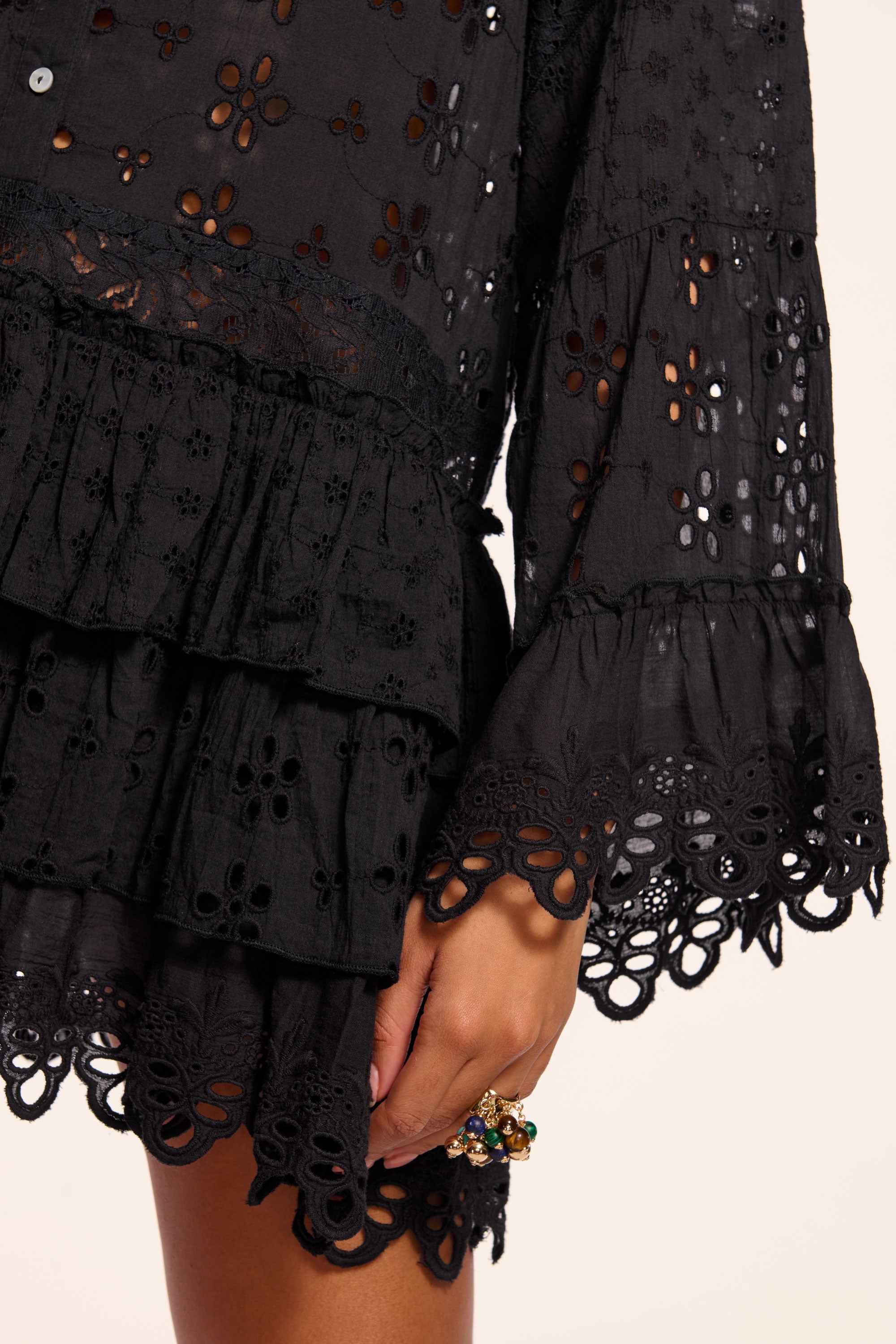 Roxanne Cotton Eyelet Coverup Mini Dress in black | Ramy Brook