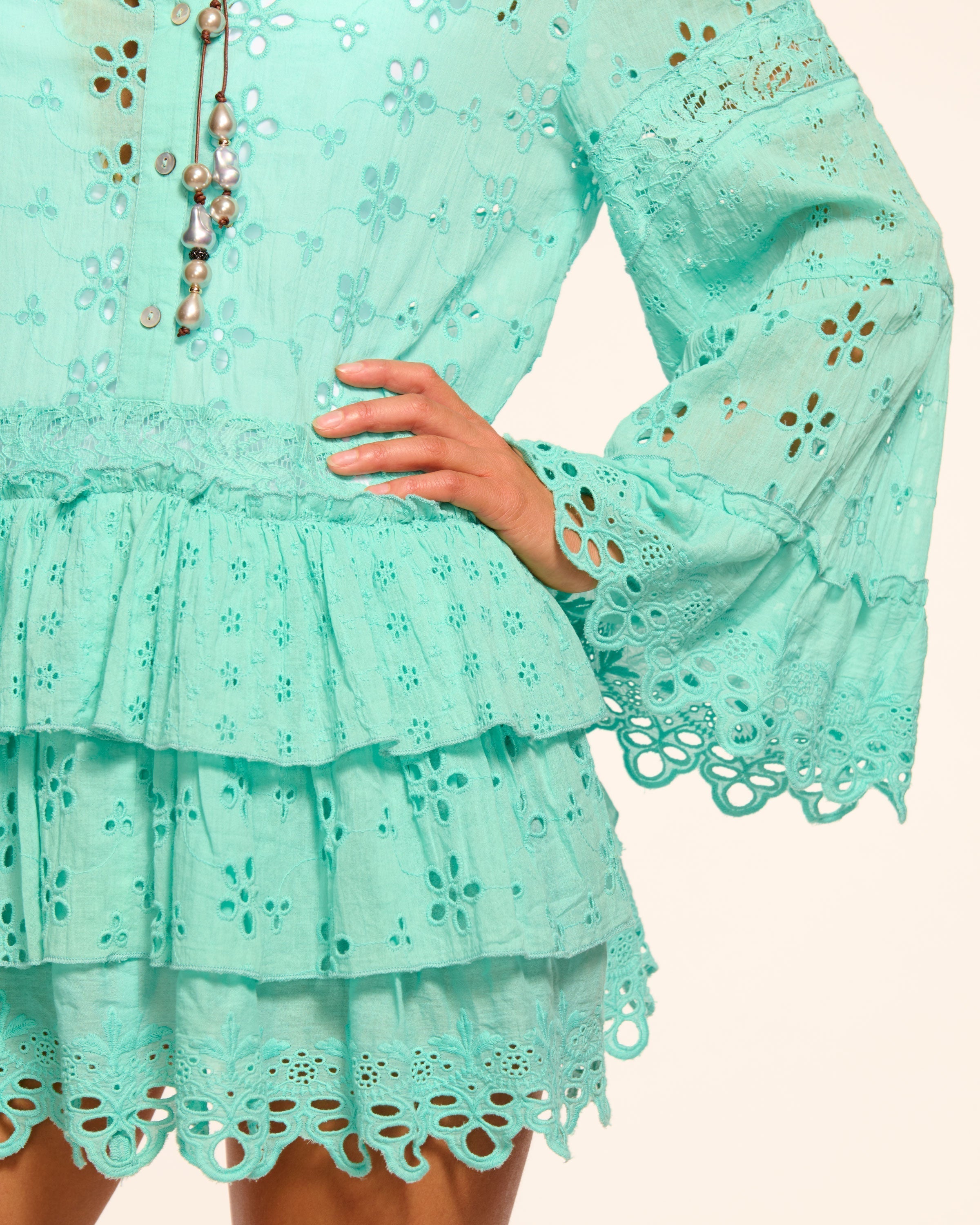 Roxanne Cotton Eyelet Coverup Mini Dress in seaglass | Ramy Brook