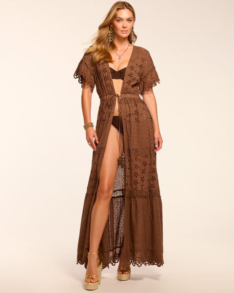 Janis Cotton Eyelet Tie Front Coverup Maxi Dress in beach brown