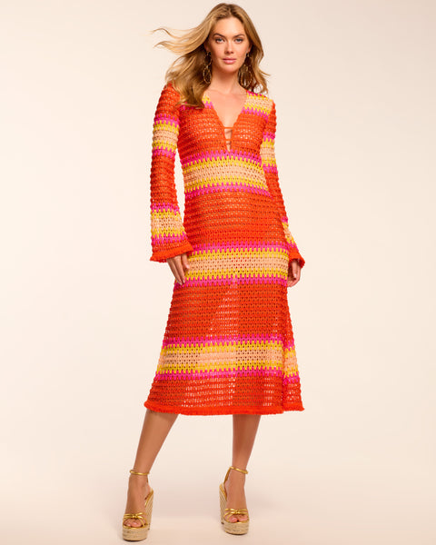 Hannah Crochet Coverup Midi Dress in orange crochet | Ramy Brook