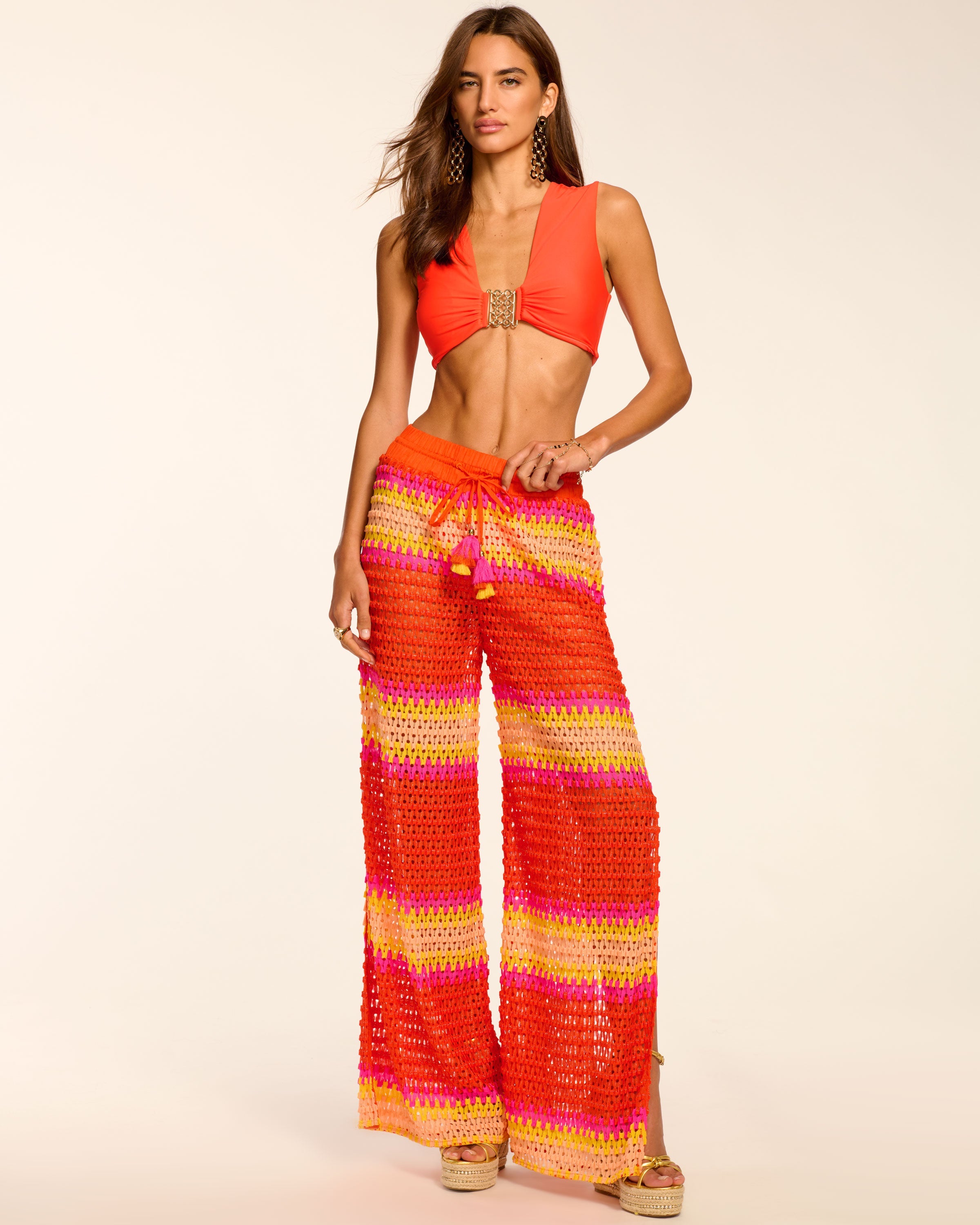 Larsa Crochet Wide Leg Coverup Pant in orange crochet | Ramy Brook