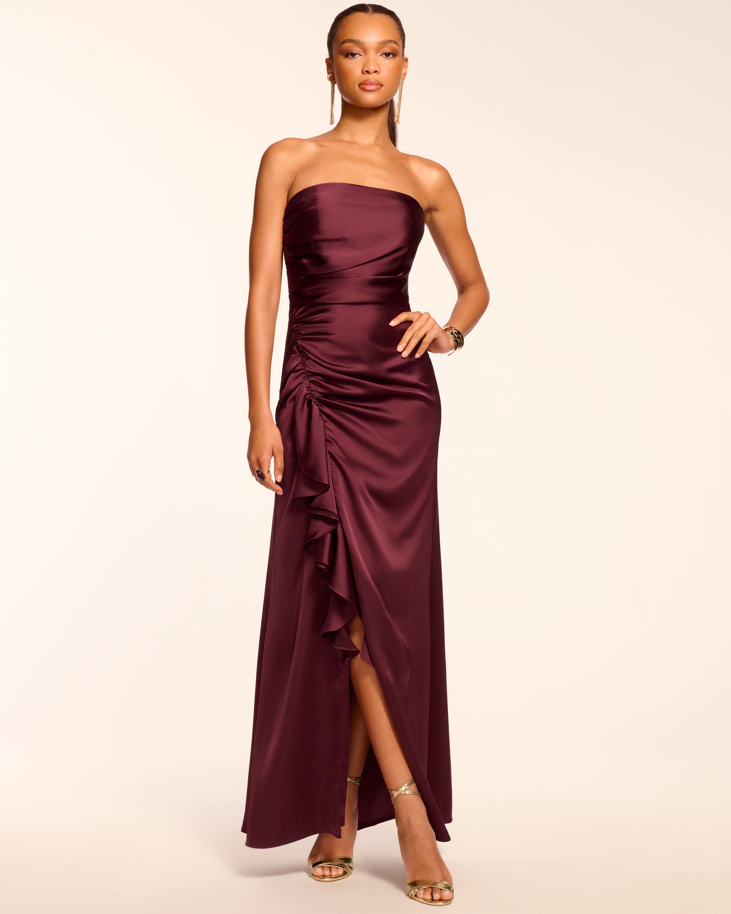 Galilee Strapless Ruffle Gown in blackberry | Ramy Brook