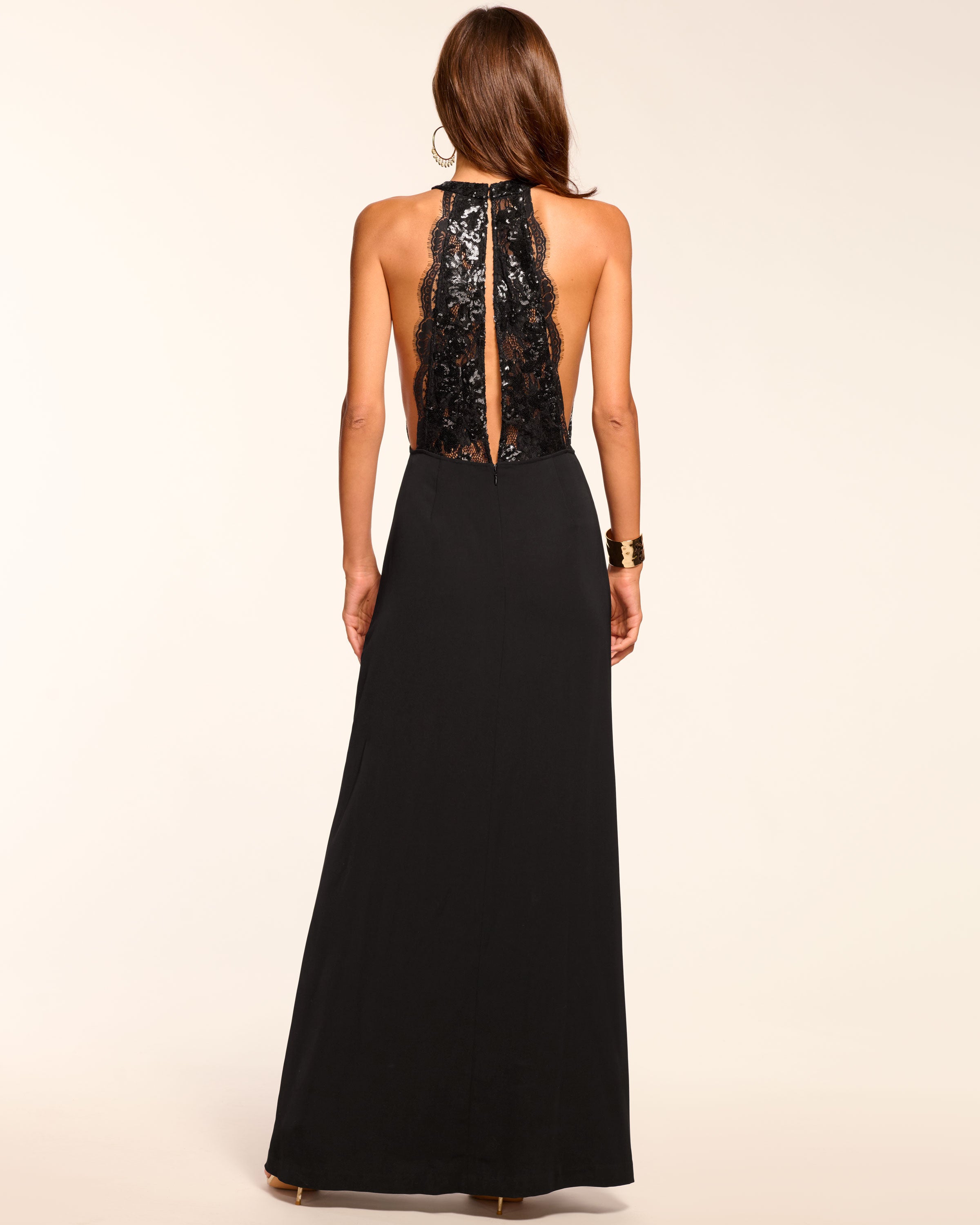 Chantal Plunging Metallic Lace Gown in black | Ramy Brook