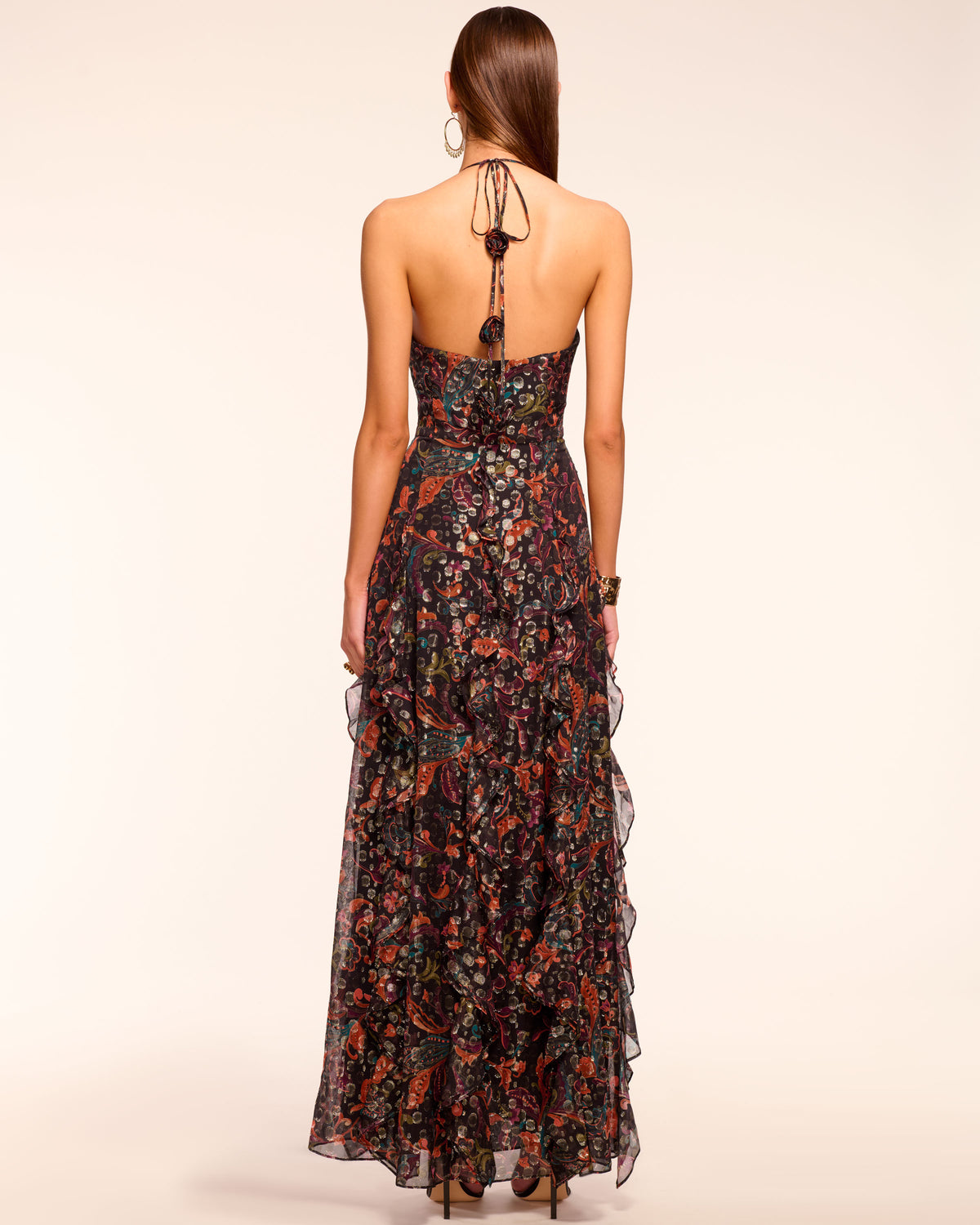 Idella Ruffle Halter Gown in black floral | Ramy Brook