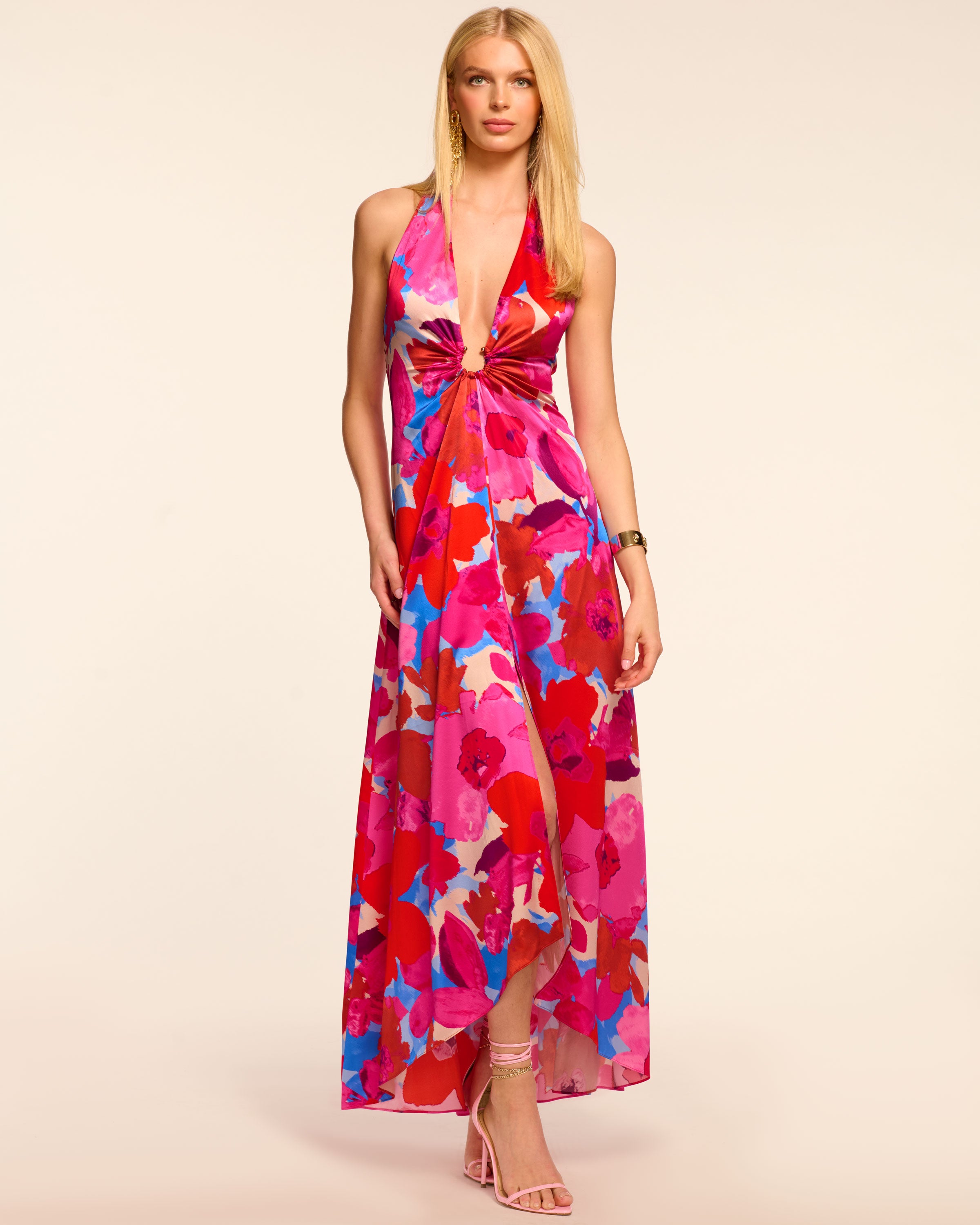 Darbi Silk Plunging Halter Gown in rosa floral | Ramy Brook
