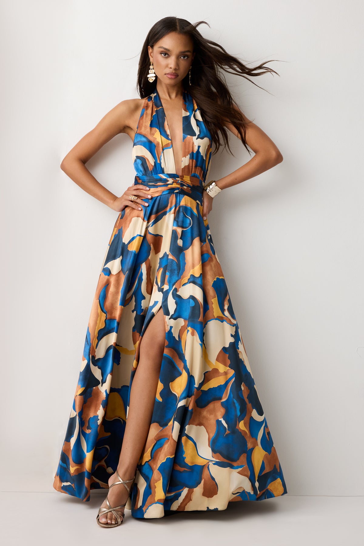 Jasmine Printed Silk Plunging Halter Gown view 1