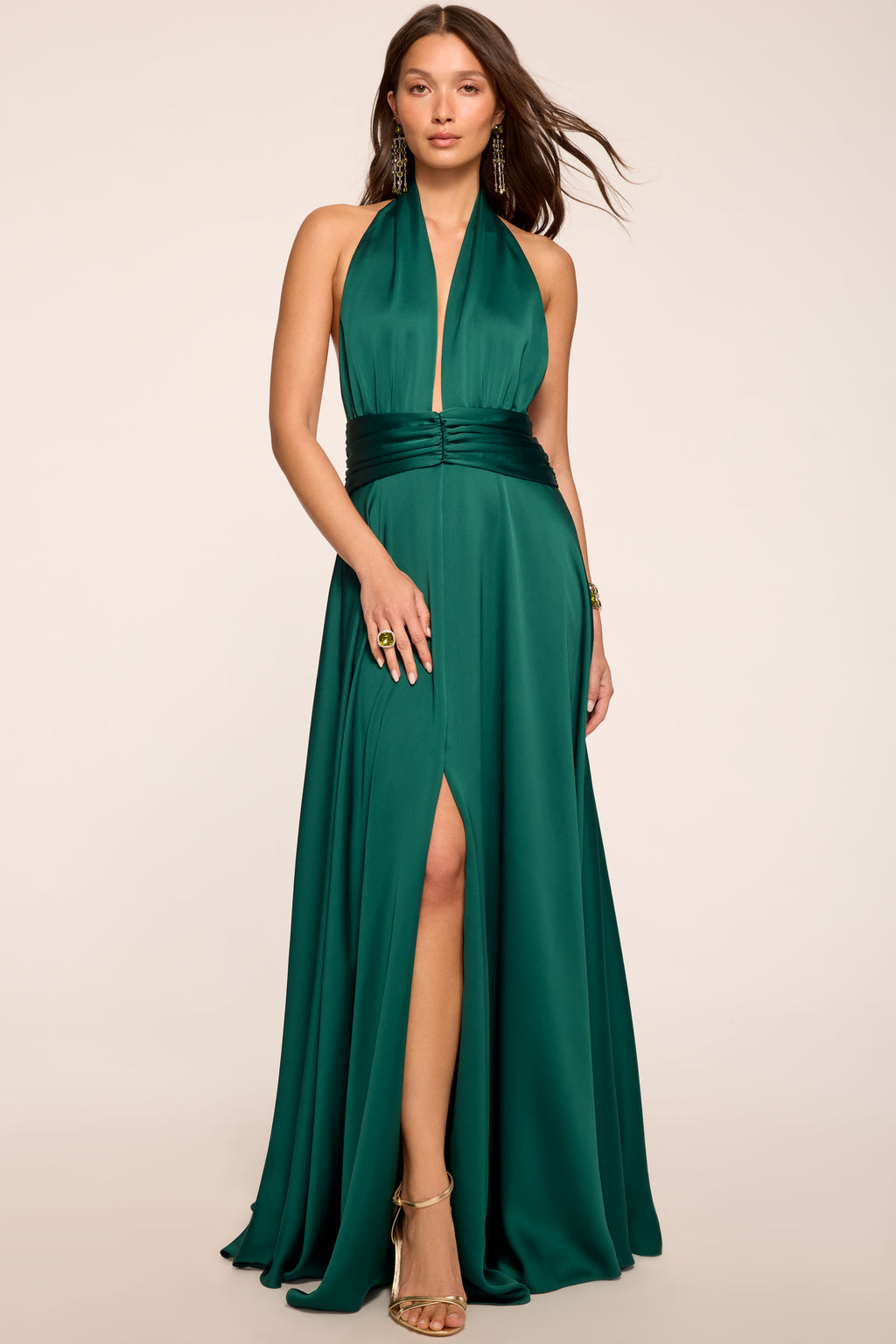 Jasmine Plunging Halter Gown in deep emerald