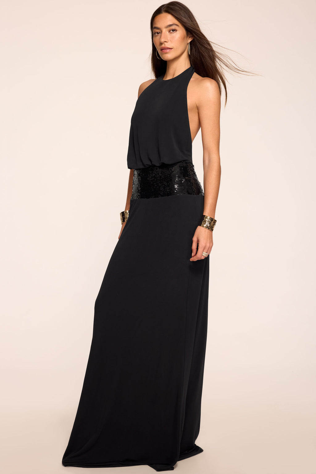 Ramy Brook Theresa Sequined Halter Gown, Black, Women's, 0