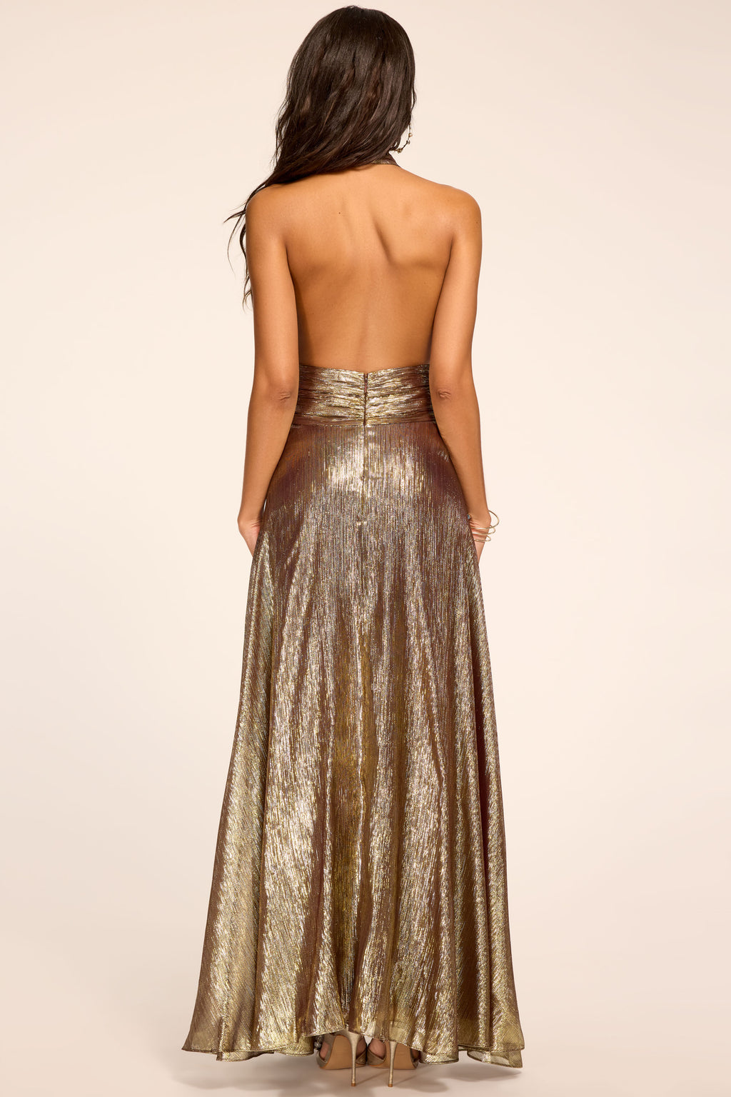 Aurora Lame Halter Gown in dark gold