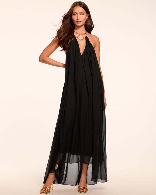 Rainn Chiffon V-Neck Halter Gown in black