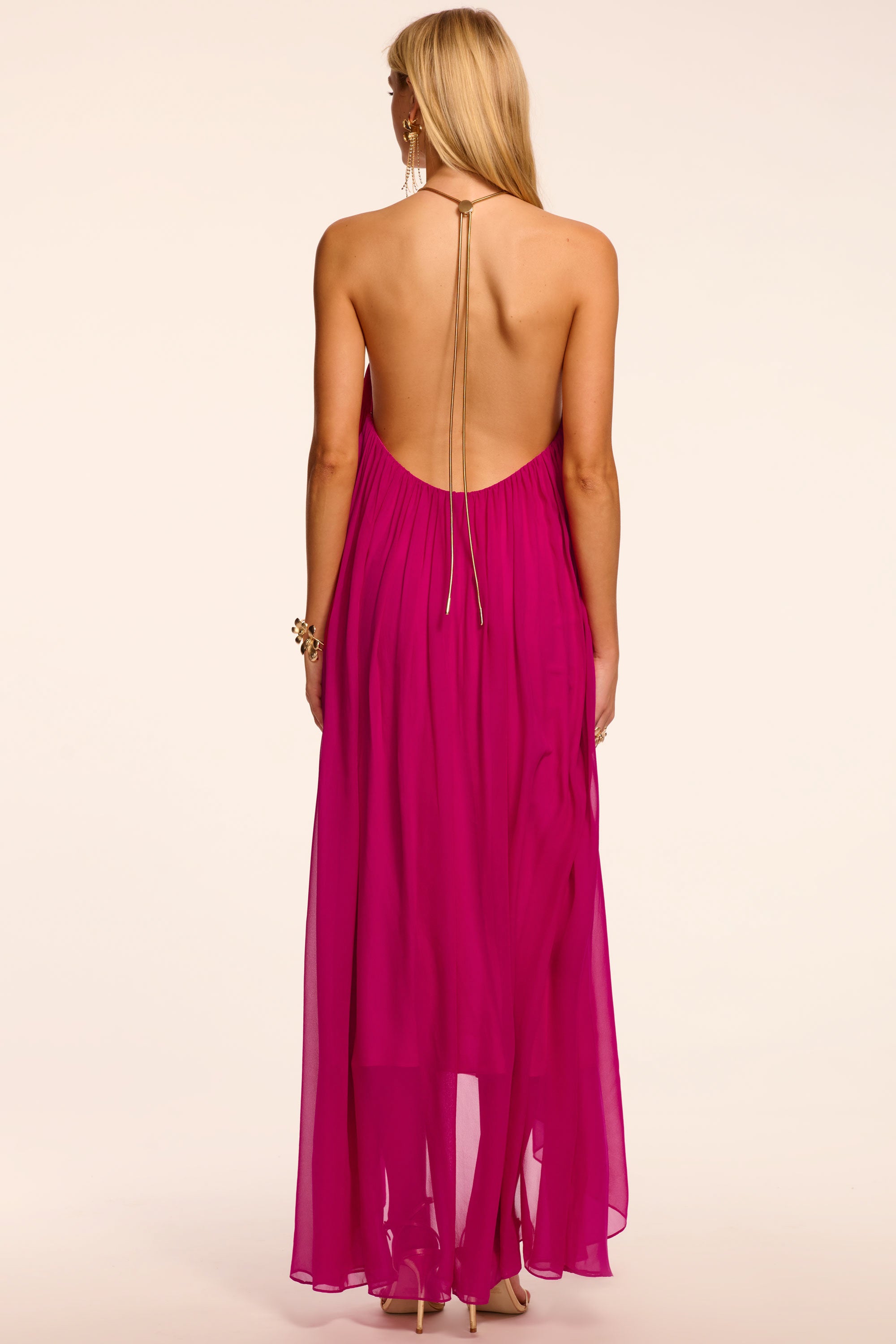 Rainn Chiffon V-Neck Halter Gown | FIESTA PINK | Ramy Brook