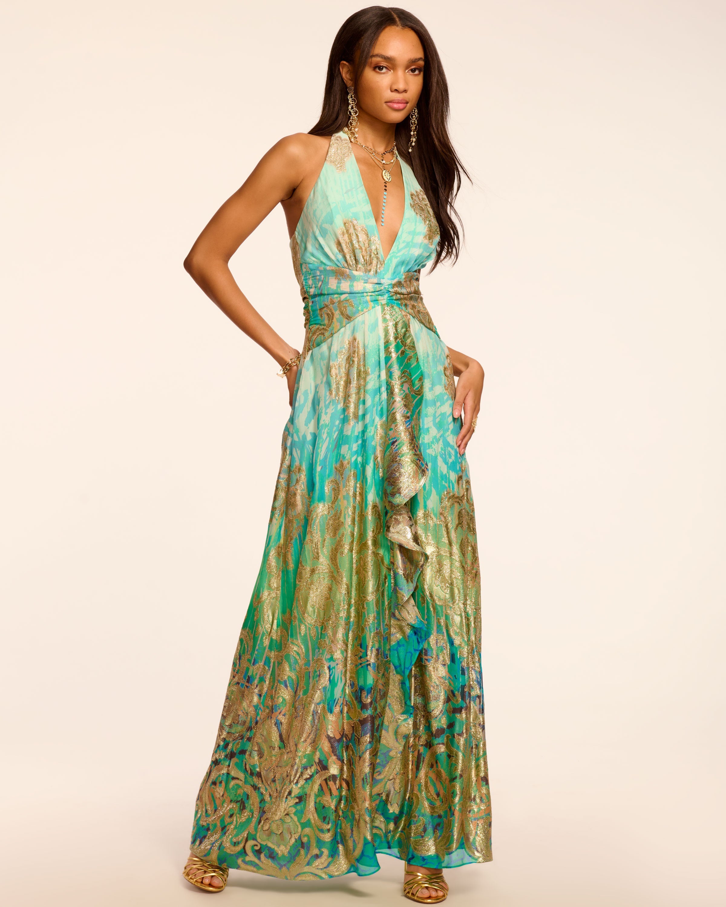 Stephanie Jacquard Plunging Halter Gown in lime ombre | Ramy Brook