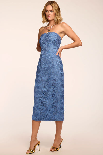 Tessa Lace Strapless Midi Dress in blue lace | Ramy Brook