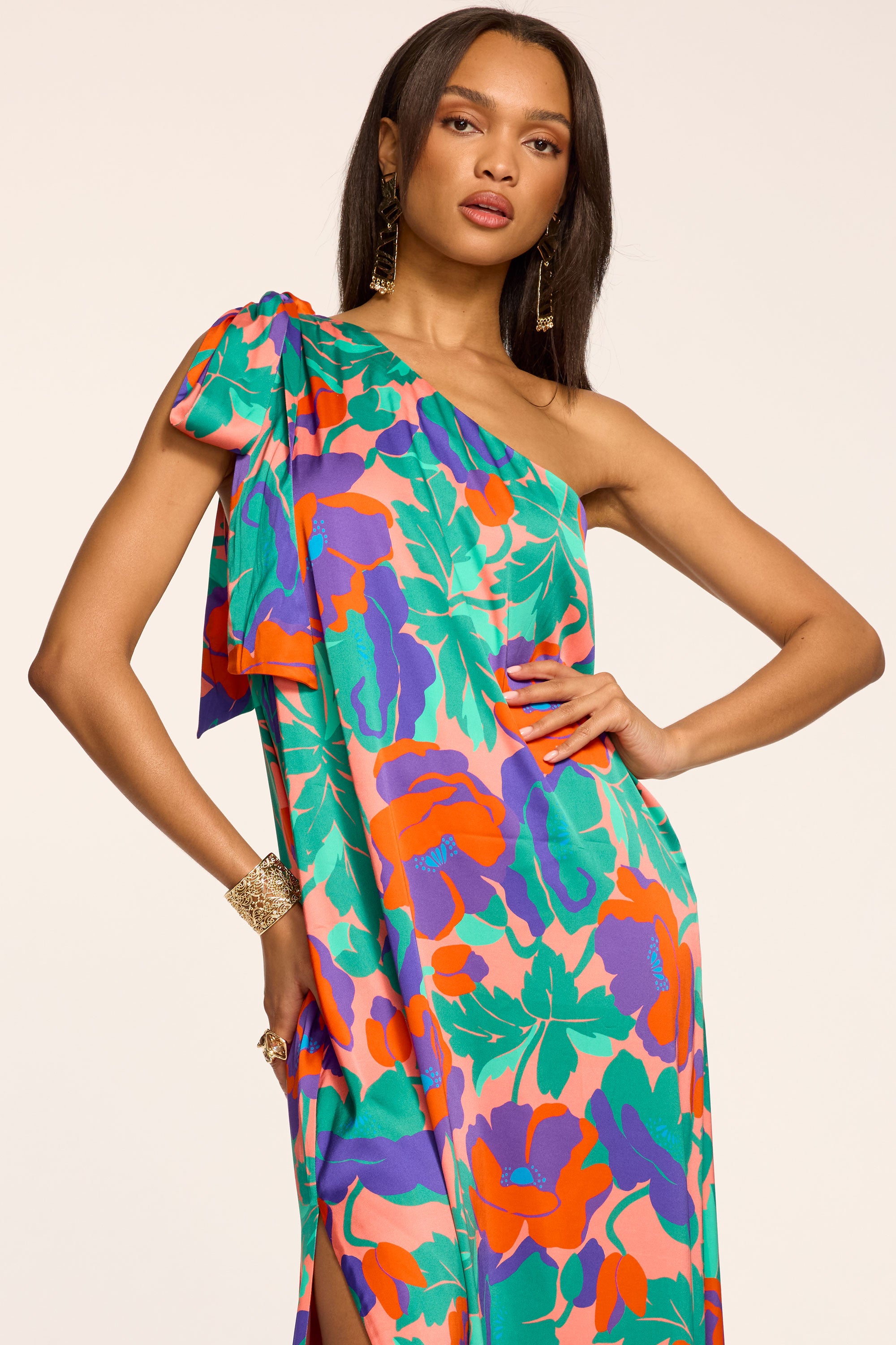 Benita Printed One-Shoulder Gown in coral floral | Ramy Brook