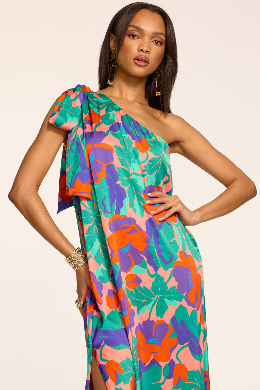 coral one shoulder dress Benita Printed One-Shoulder Gown in coral floral