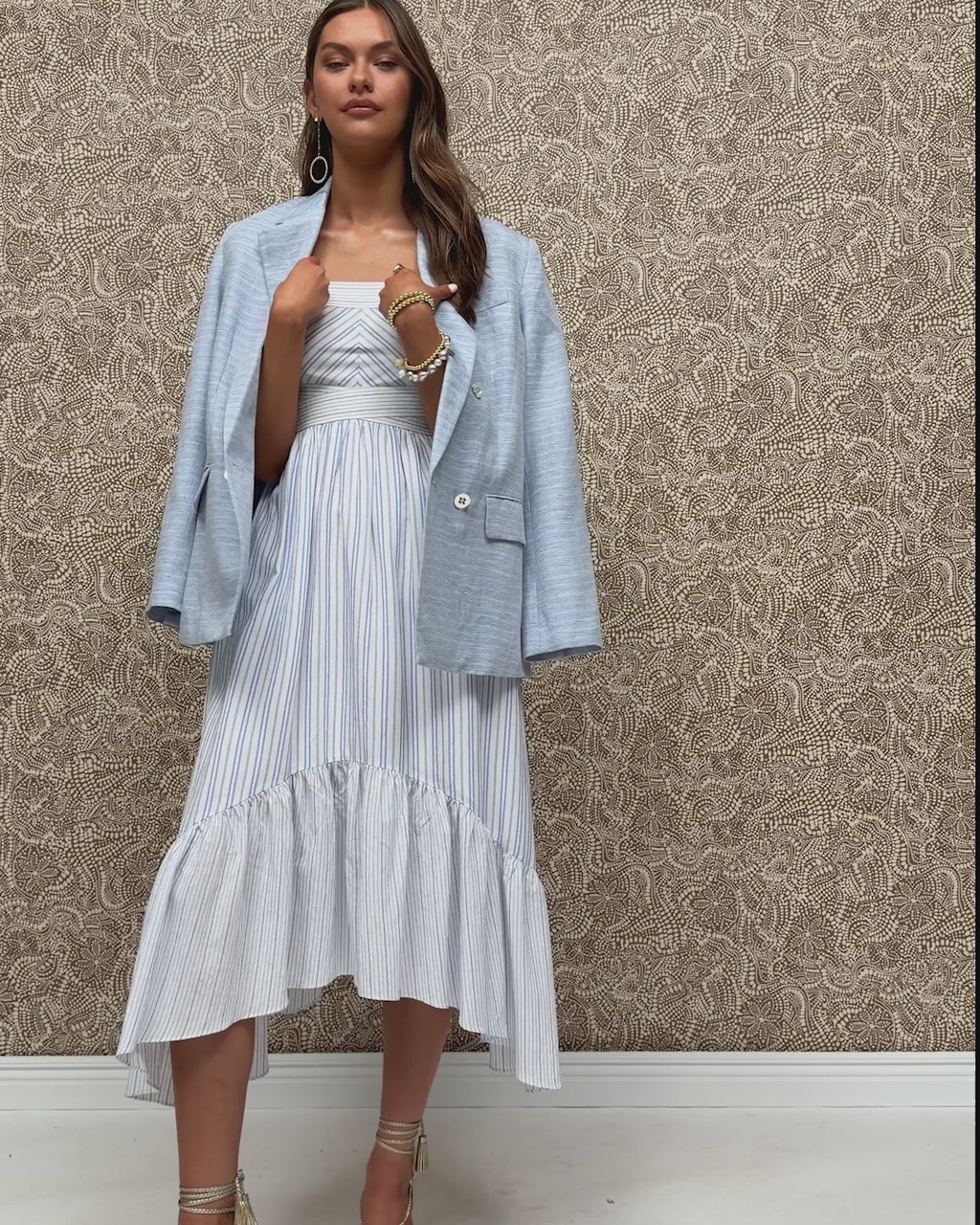 knee length dresses for ladies Nadia Printed Midi Dress in blue stripe