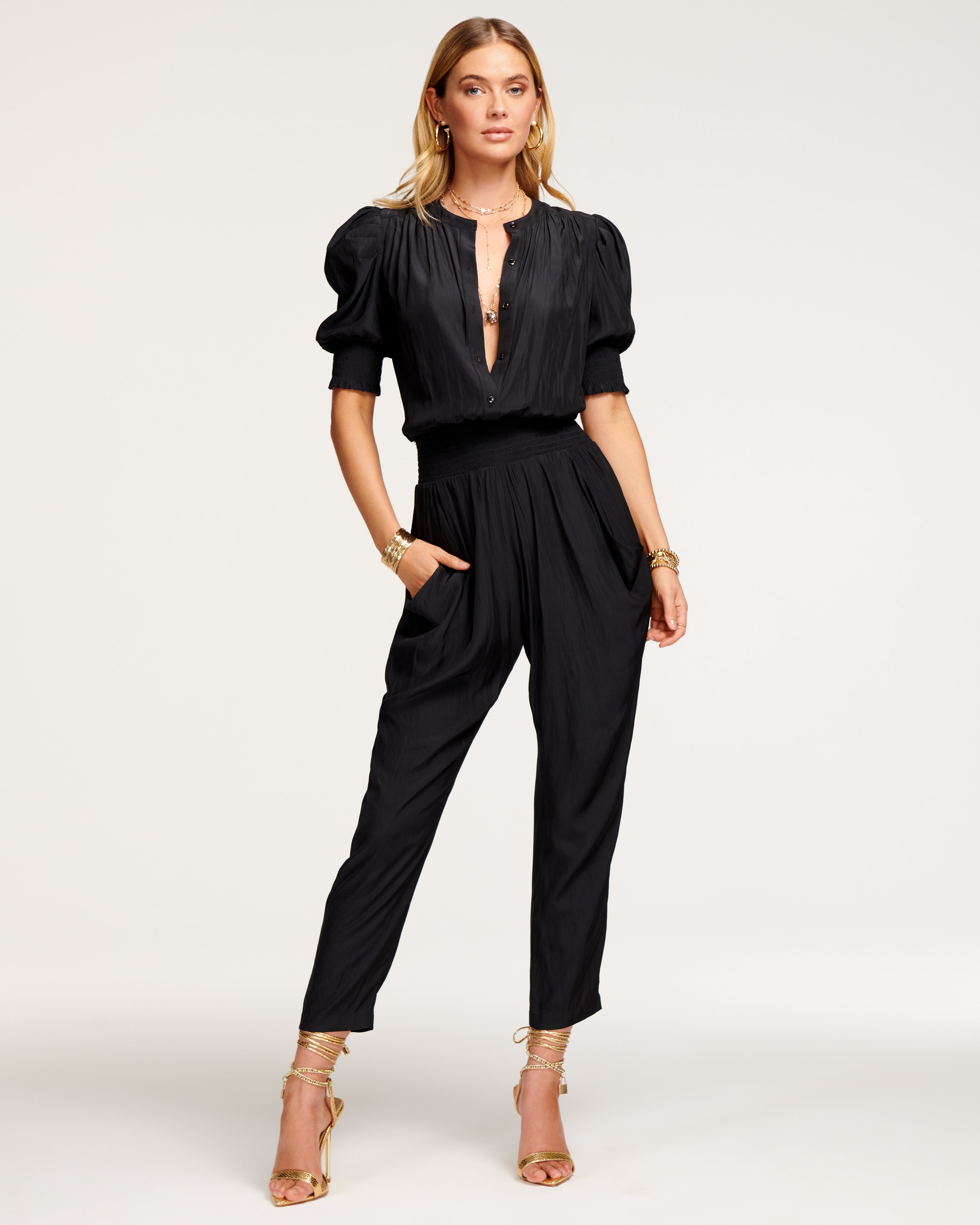 Black Button Down Jumpsuit with Pockets | SilkFred