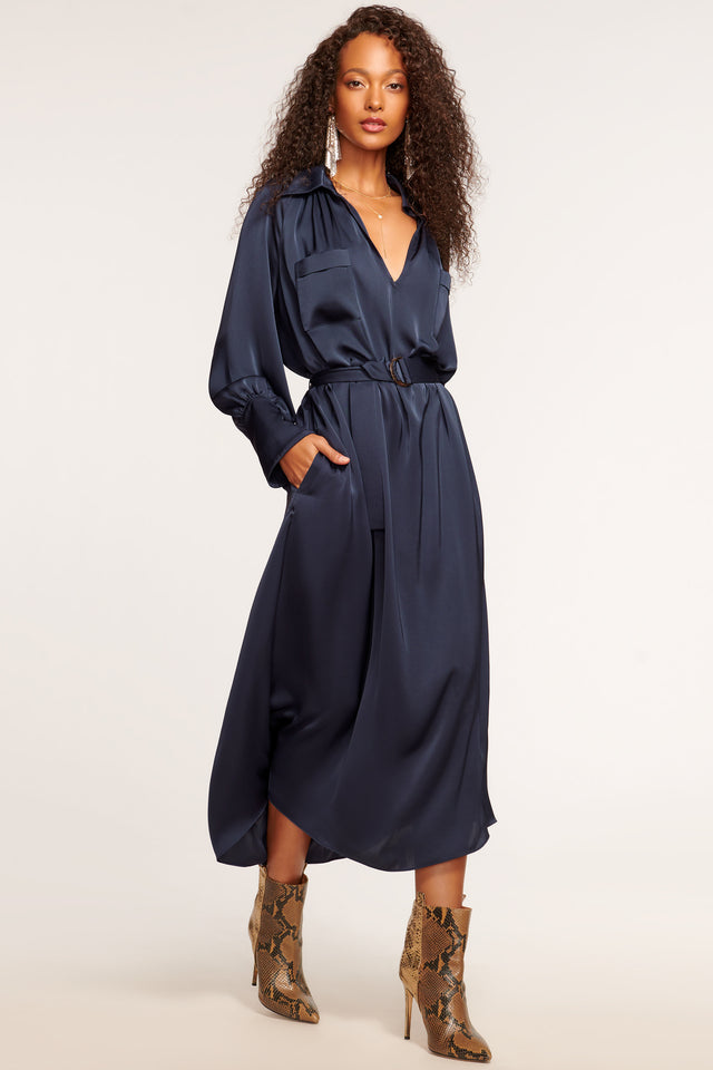 satin long sleeve midi dress Cecilia Belted in navy Pink Brocade Balloon Sleeve White A-line Wedding Dresses & Gowns Pair with pointed Color:white almond