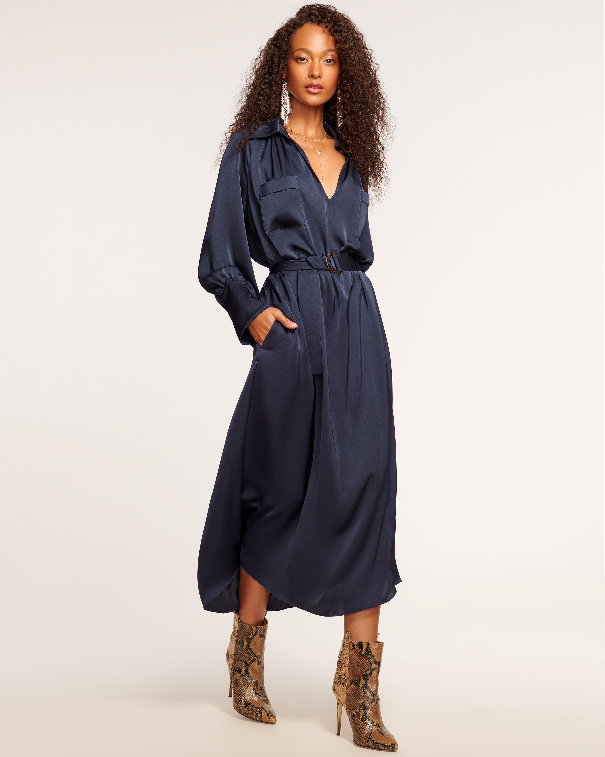 Cecilia Belted Midi Dress in navy | Ramy Brook