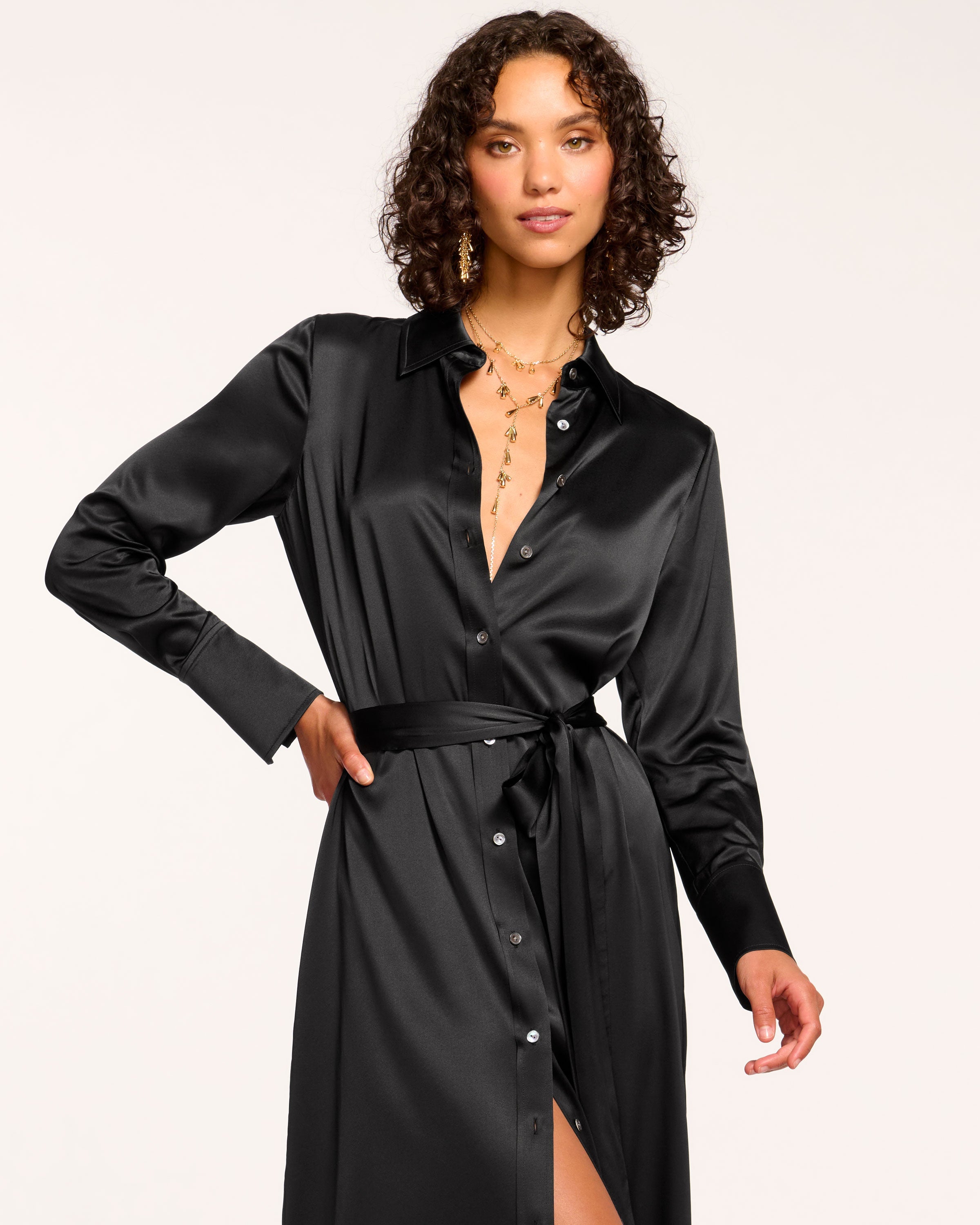 Ramy Brook Victoria Silk Button Down Midi Dress in Black - XS