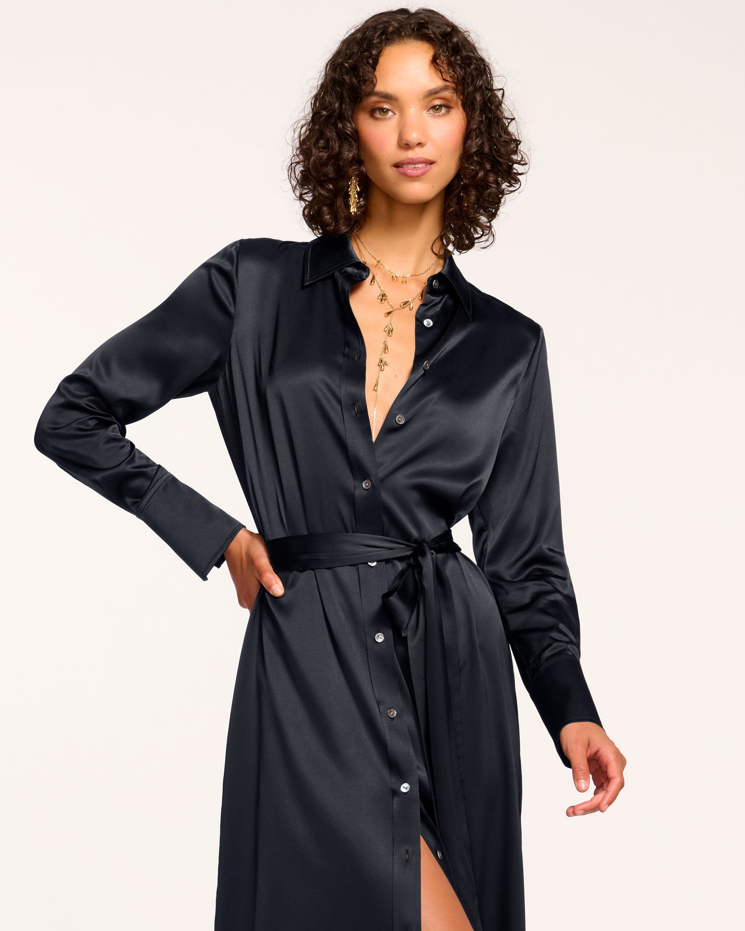 silk shirt dress Ramy Brook Women's Victoria Stretch Silk Tie-Waist Shirtdress - Navy