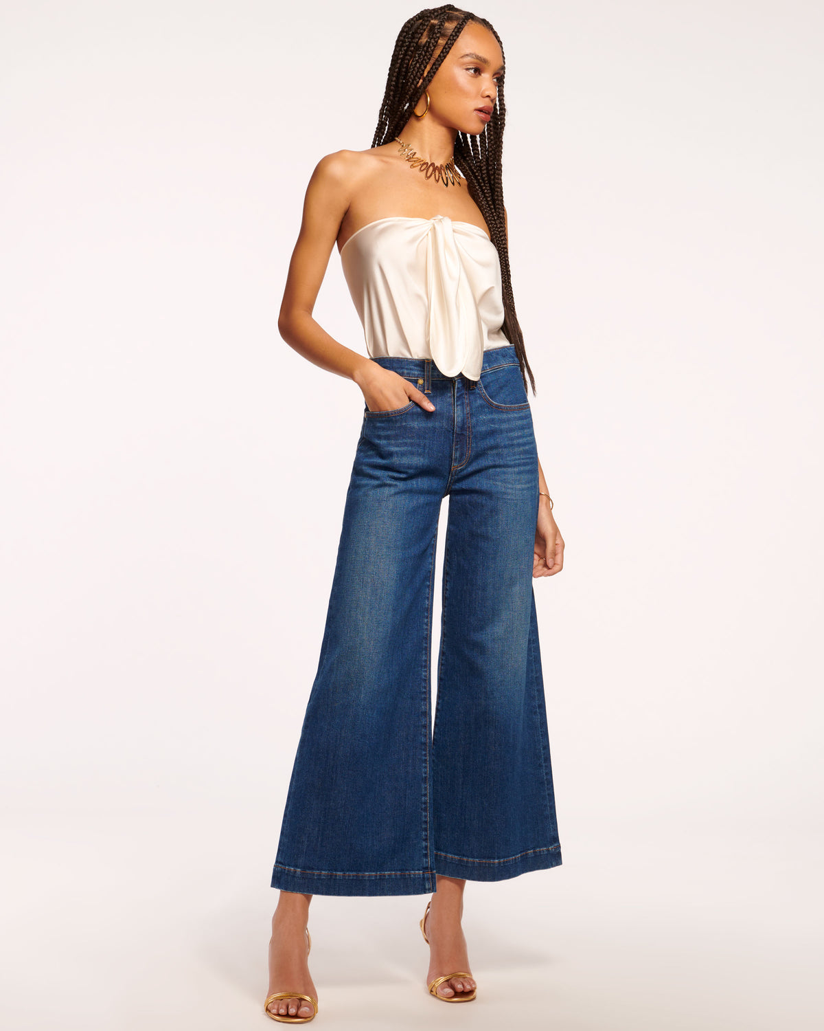 Tyra 5-Pocket Cropped Wide Leg Jean in medium wash | Ramy Brook