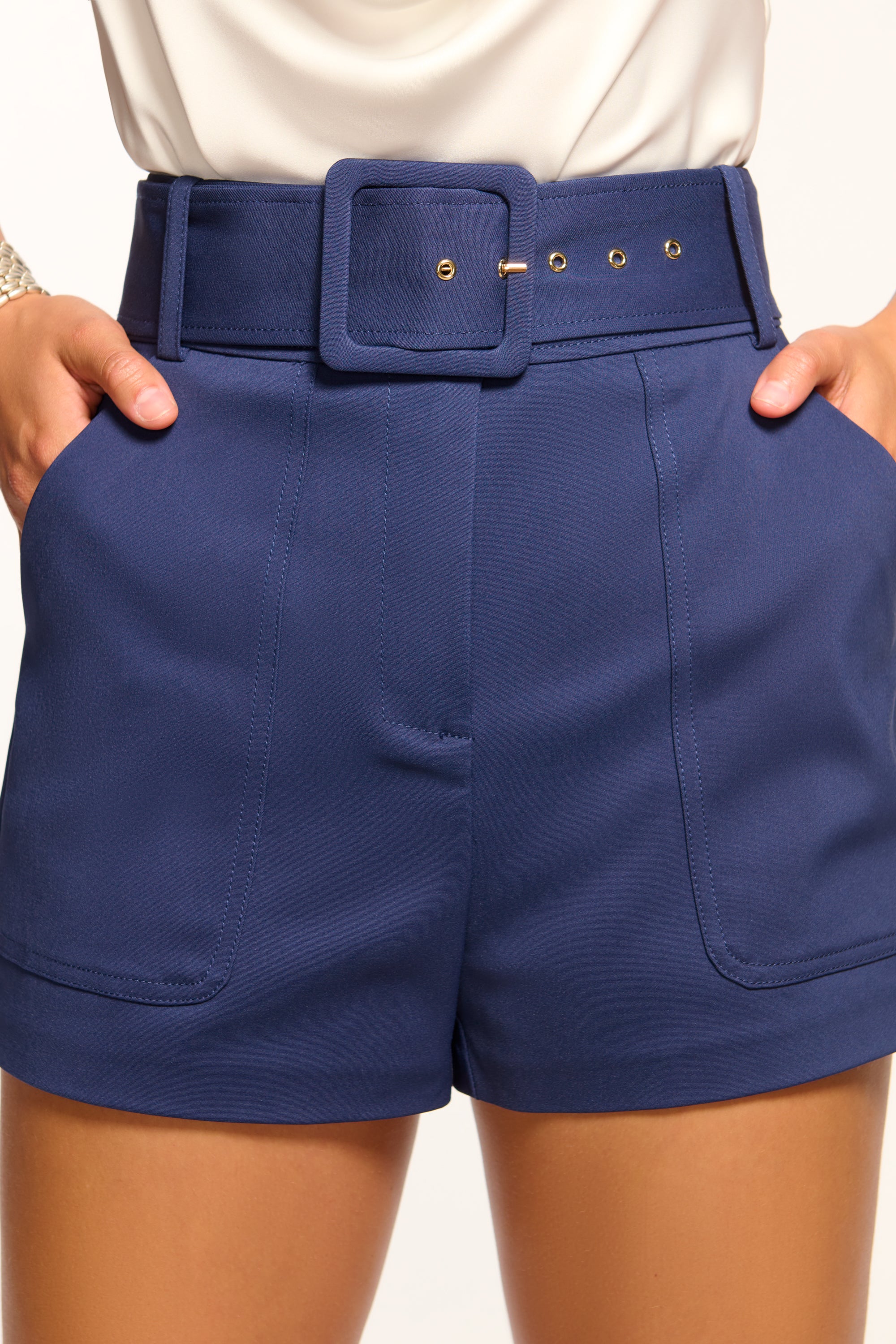Kasey Belted Mini Short in navy | Ramy Brook