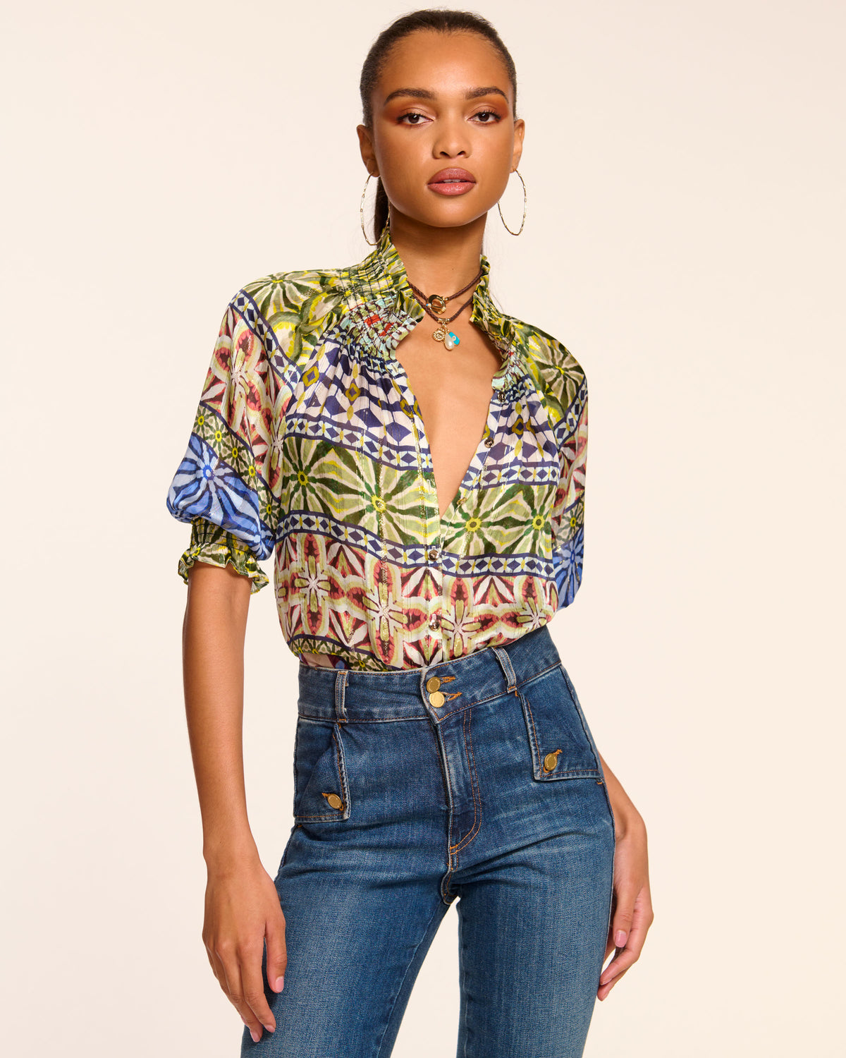Chela Silk V-Neck Puff Sleeve Blouse | Ramy Brook