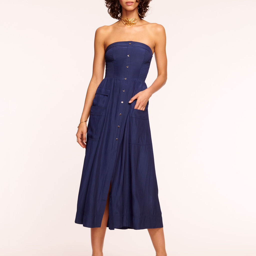 Blair Strapless Smocked Midi Dress in spring navy Ramy Brook