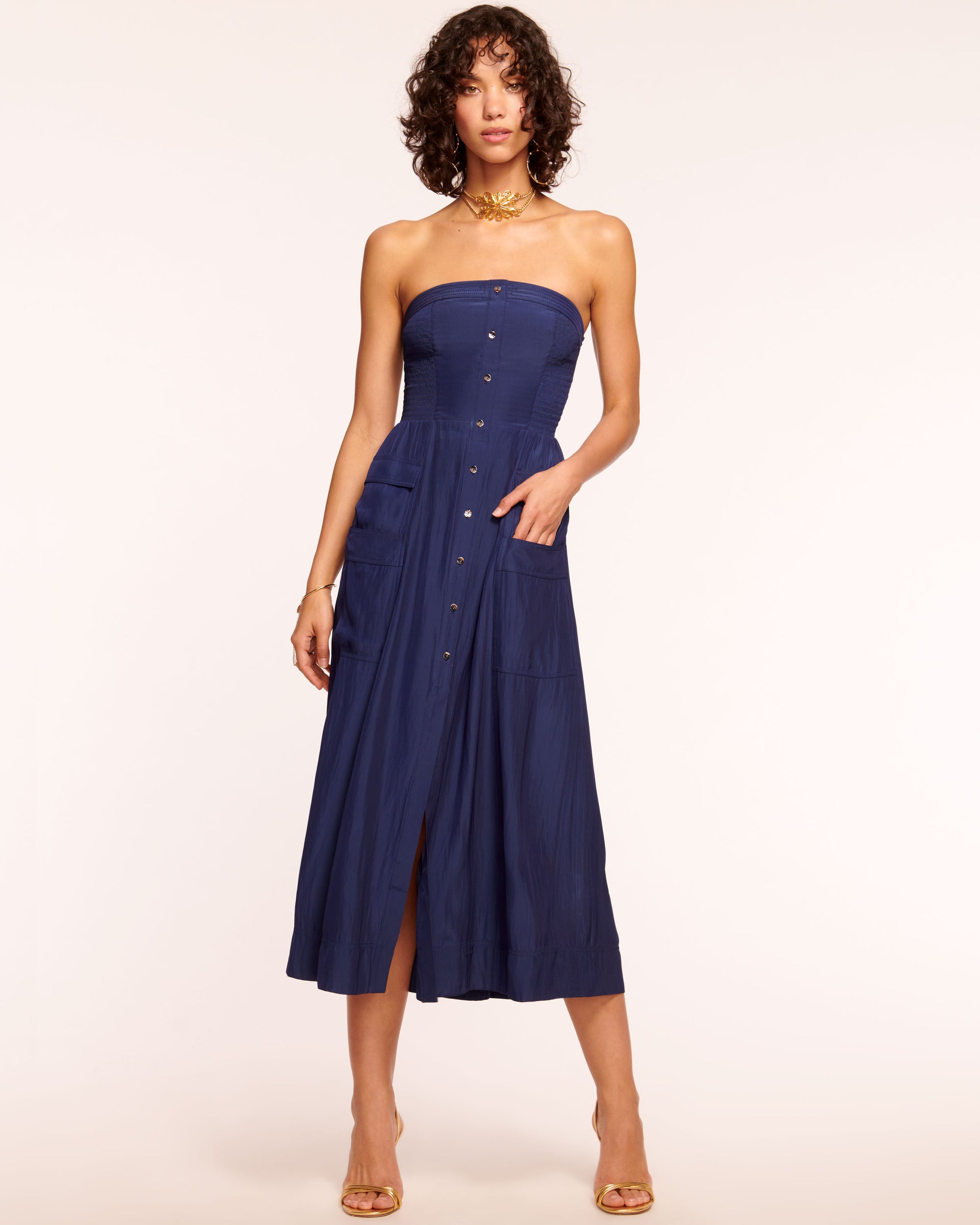 Blair Strapless Smocked Midi Dress in spring navy | Ramy Brook