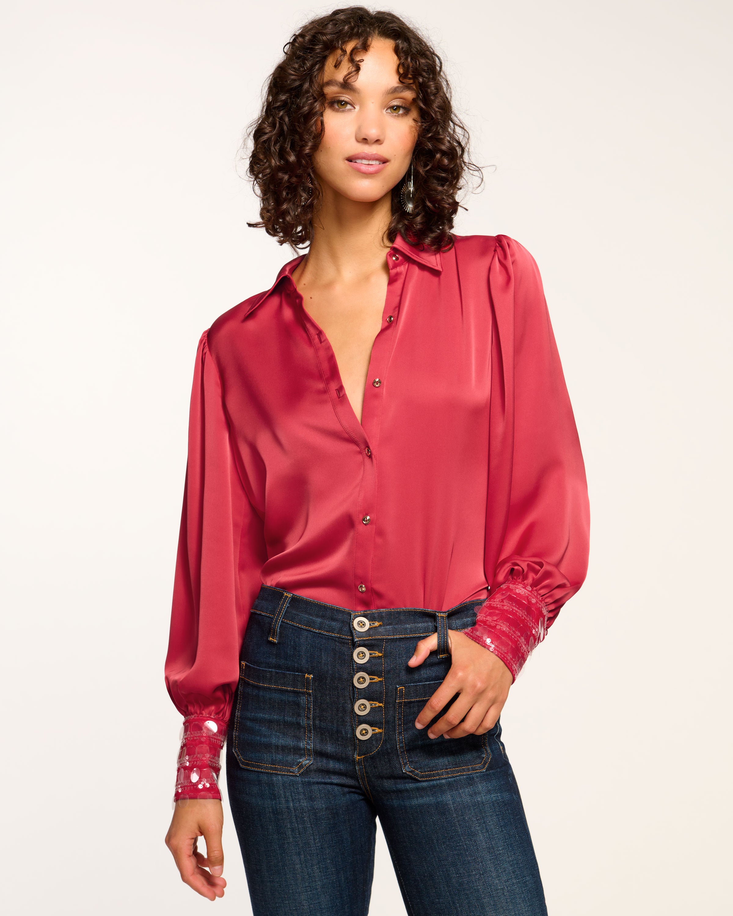 Milca Embellished Button Down Top in ruby | Ramy Brook