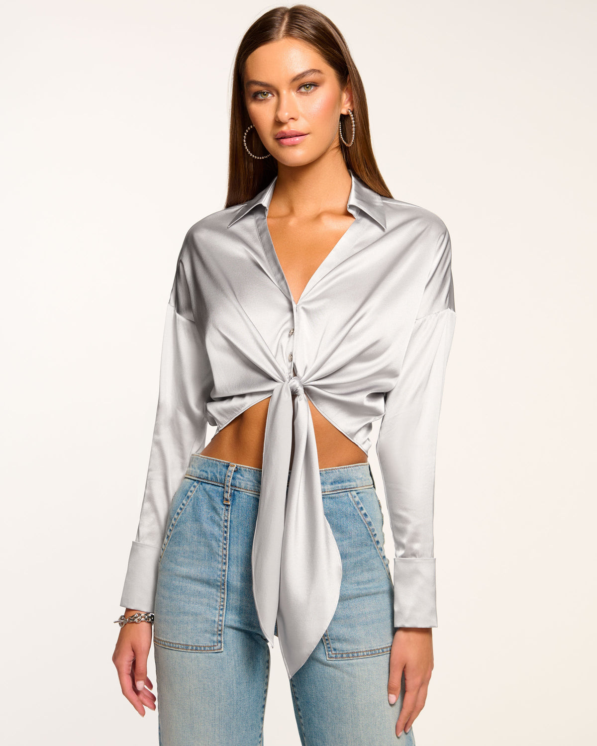 Farrah Silk Tie-Front Blouse in navy | Ramy Brook