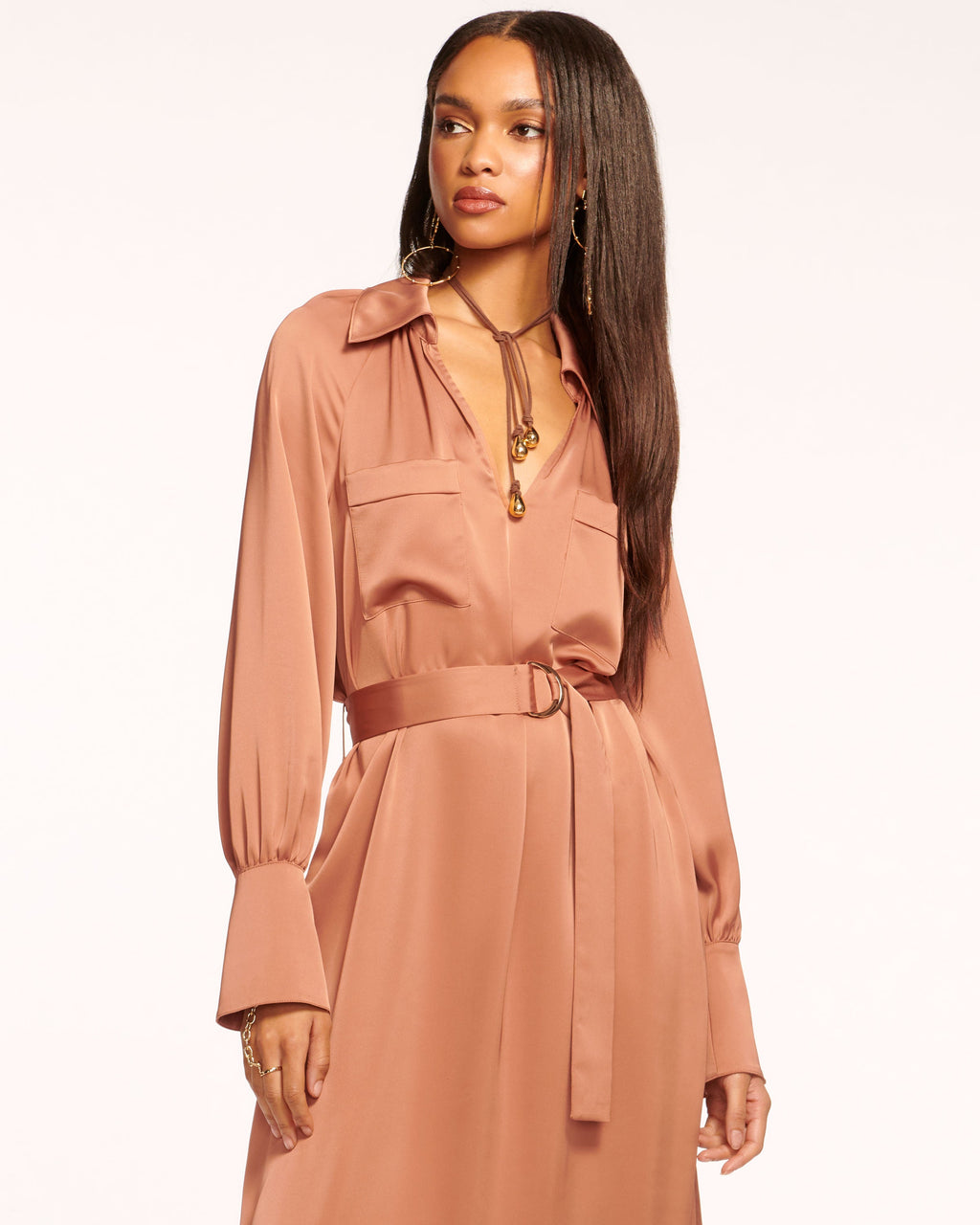 womens belted midi dress Cecilia Belted Midi Dress in saddle