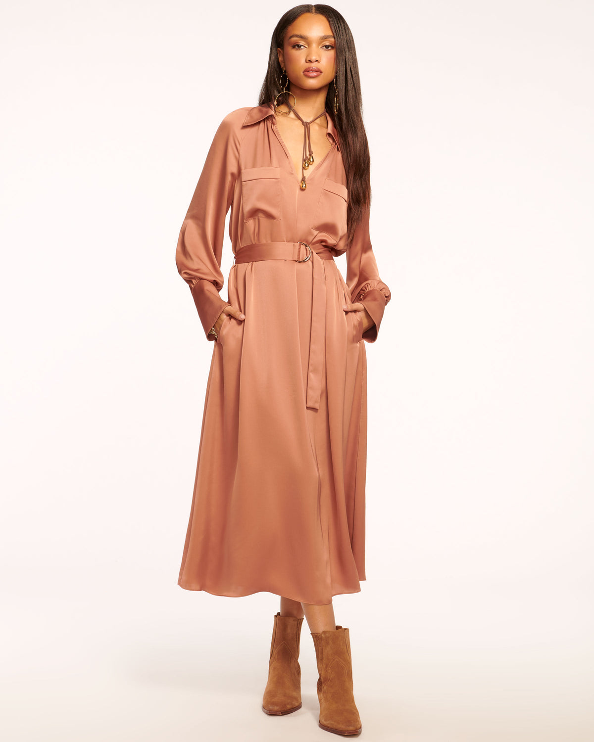 ワンピース REMI RELIEF / LONG SHIRT DRESS Cecilia Belted Midi Dress in navy | Ramy Brook