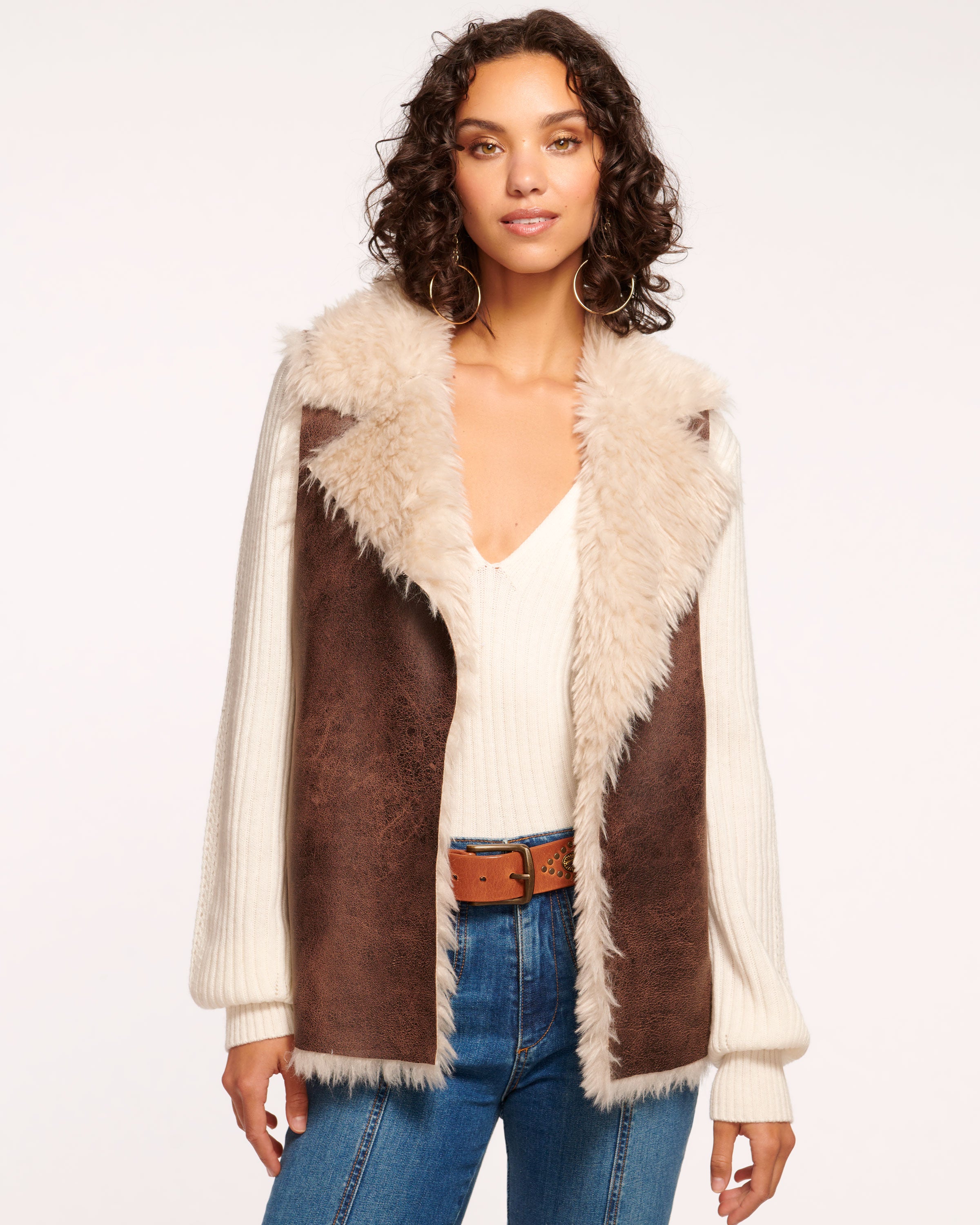 Finney Reversible Faux Shearling Vest in brown shearling | Ramy Brook