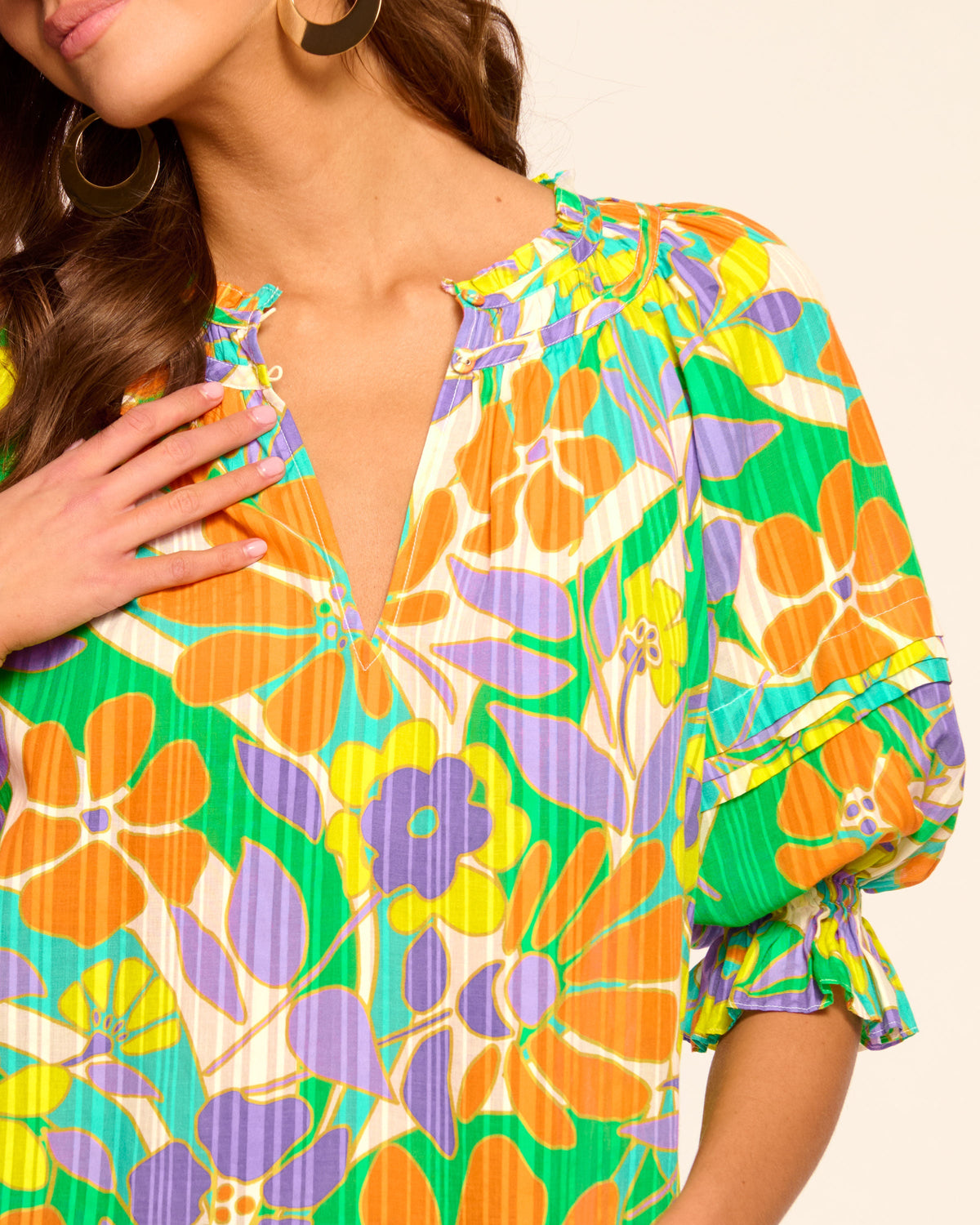 Trixie Puff Sleeve V-Neck Blouse in retro garden | Ramy Brook