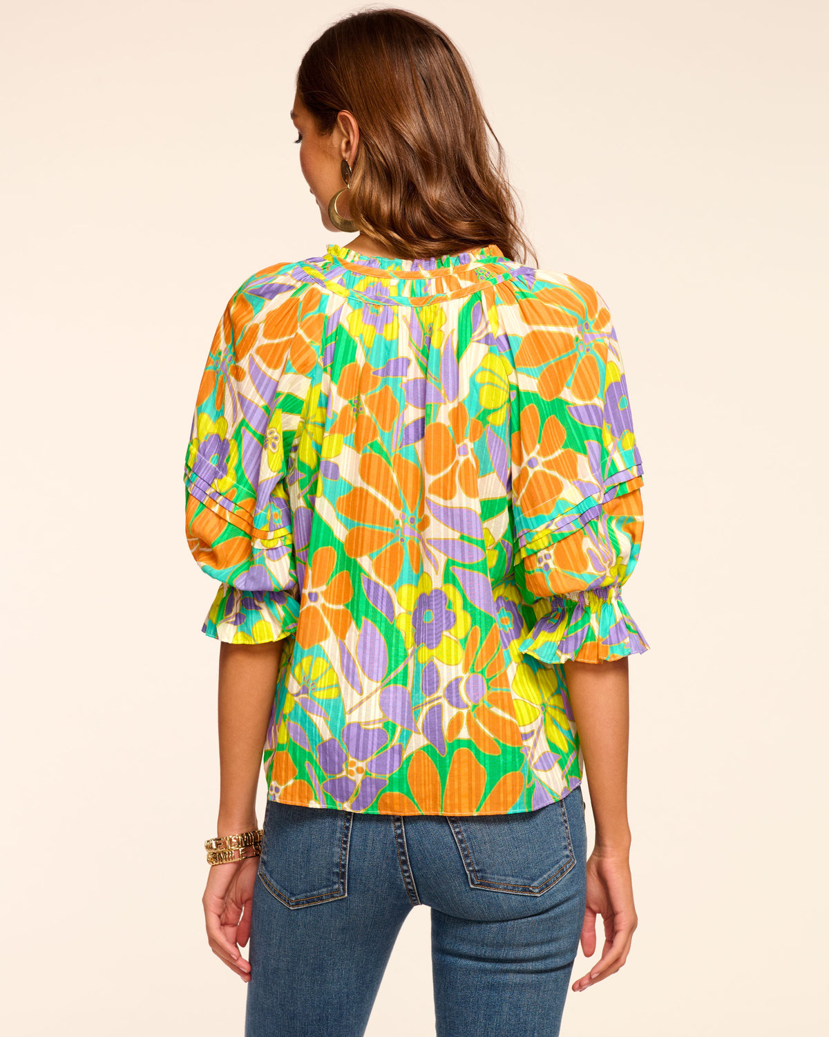 Trixie Puff Sleeve V-Neck Blouse in retro garden | Ramy Brook