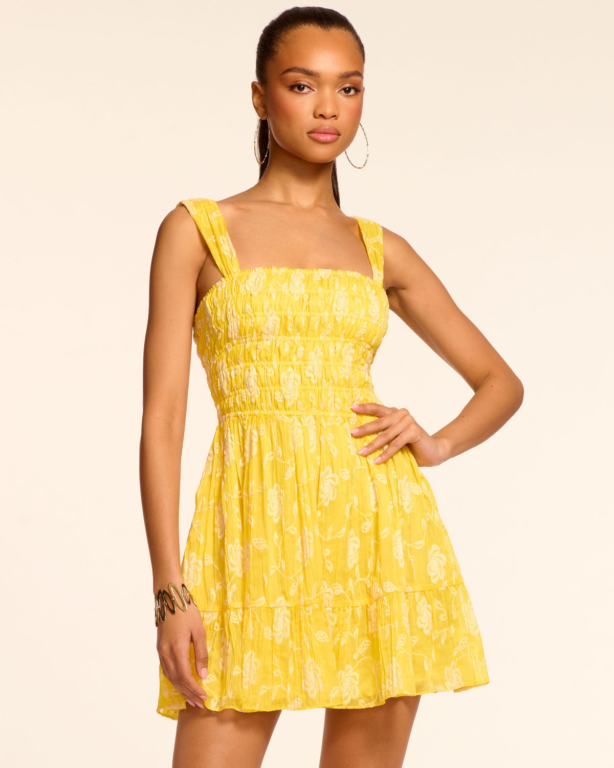 Aydan Embroidered Chiffon Smocked Mini Dress in lemon lily | Ramy