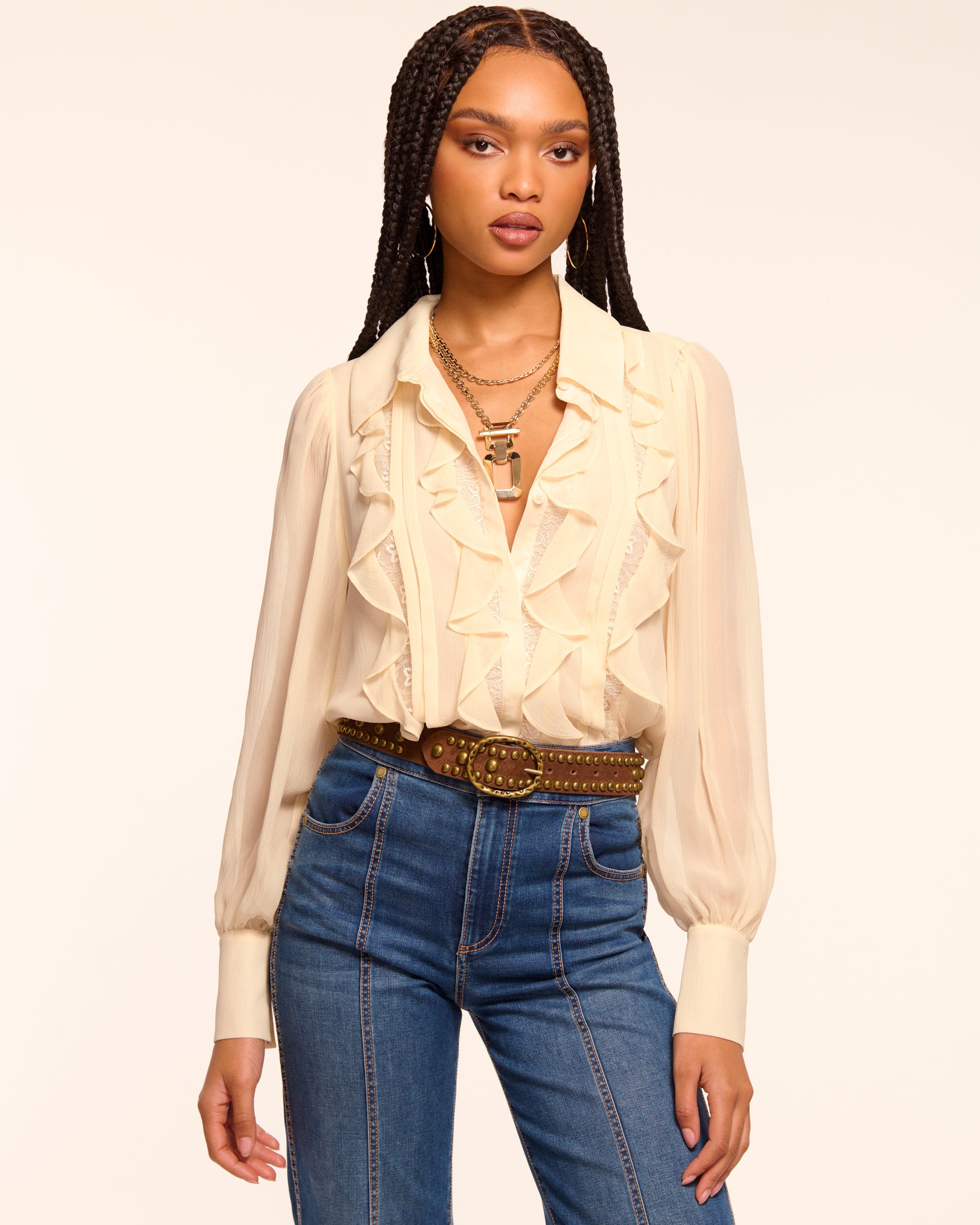 Claire Silk Chiffon Ruffle Button Down Blouse in bone | Ramy Brook