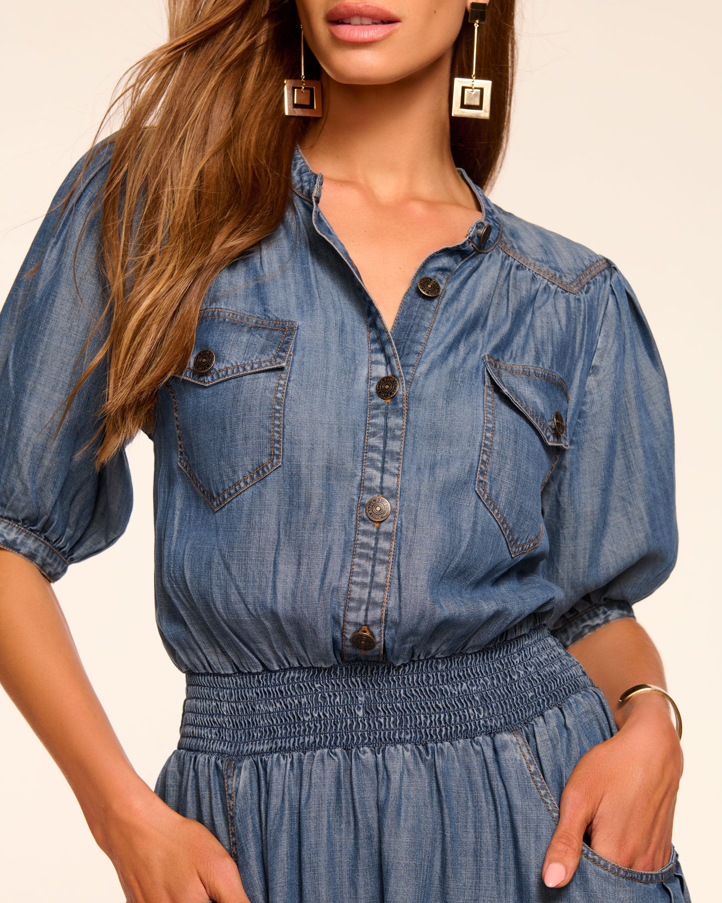 Norah Chambray Smocked Waist Mini Dress in chambray | Ramy Brook