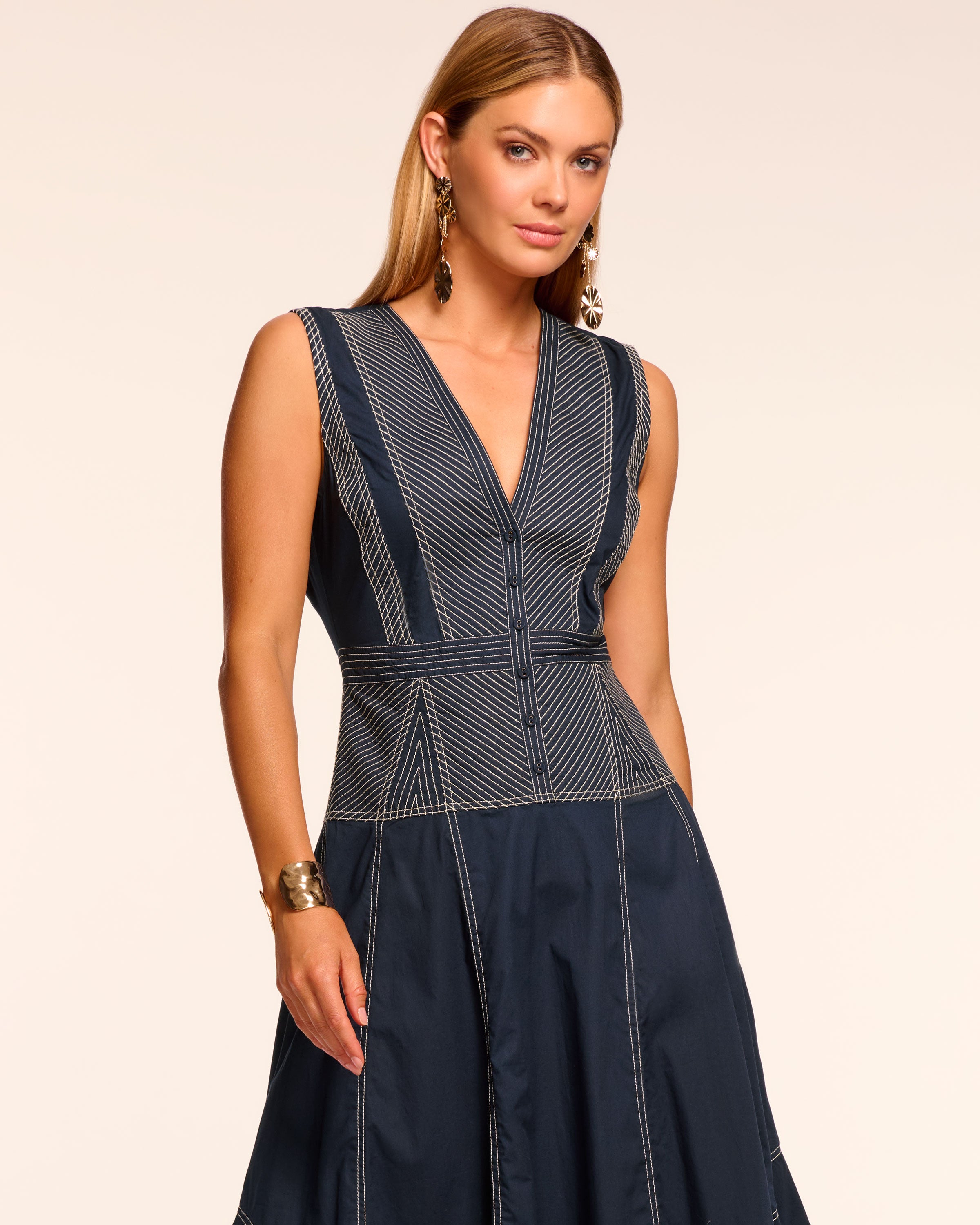 Grega Cotton Poplin V-Neck Midi Dress in navy | Ramy Brook