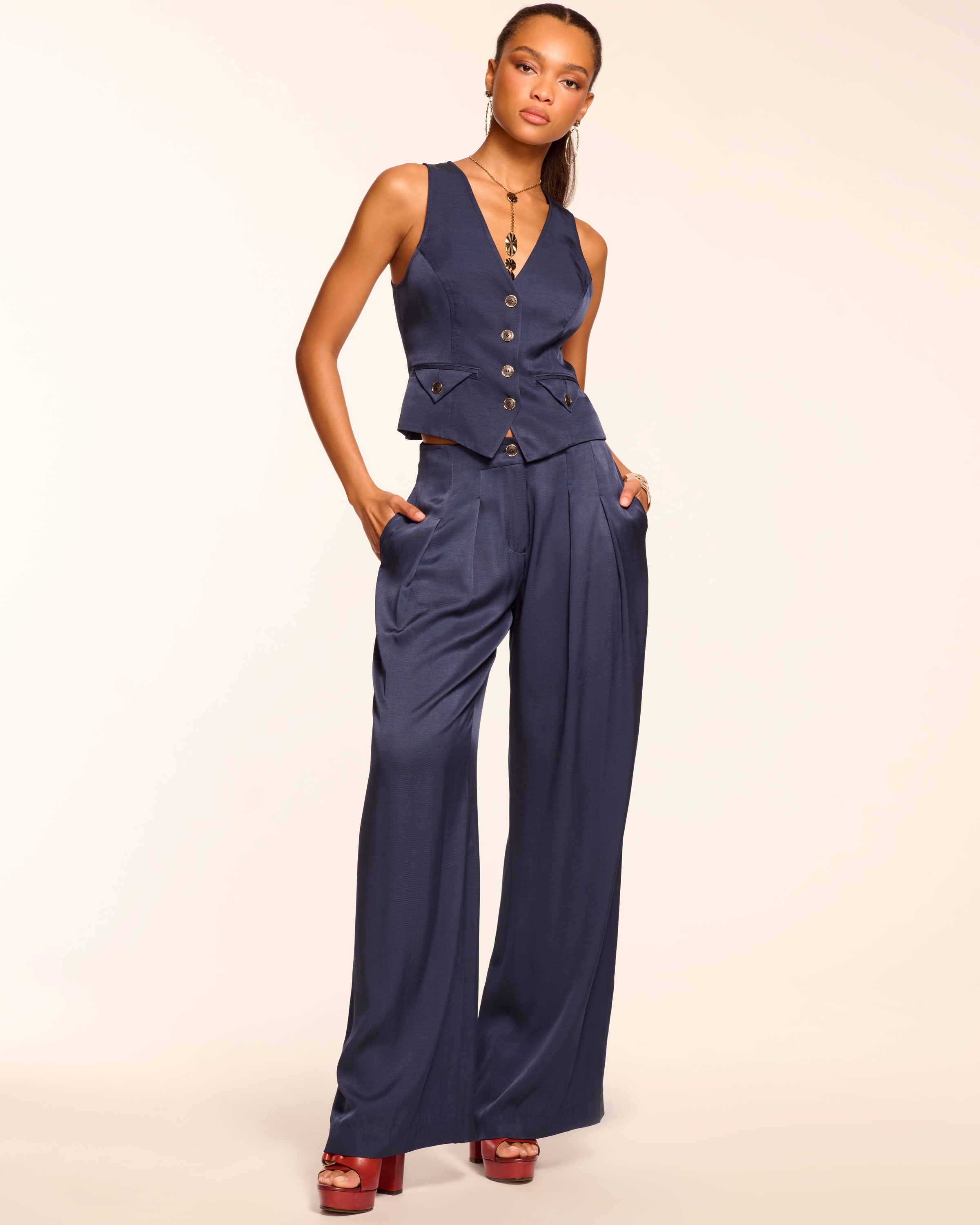 Russell Pleated Wide Leg Pant in navy | Ramy Brook